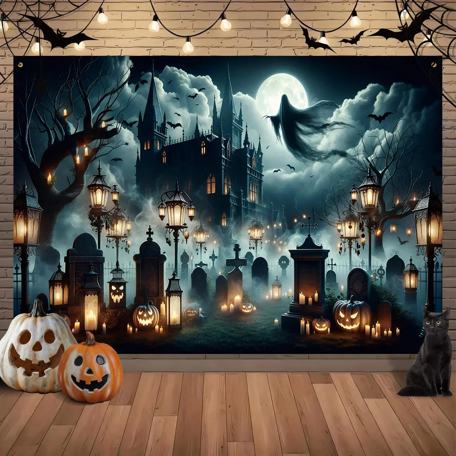Gothic-Style Halloween Polyester Photo Backdrop Banner - Cemetery & Ghosts, Wrinkle-Resistant HD Print 1-Piece Lightweight Hanging Props Kit for Parties, Home & Festive Supplies
