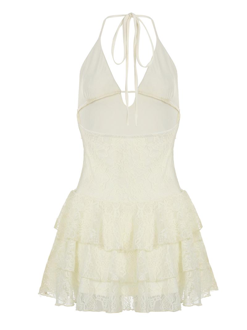 Women's Solid Color Halter Neck Lace Dress, Fashion Casual Sexy Sleeveless Dress for Daily Outdoor Wear, Women Dress for Summer