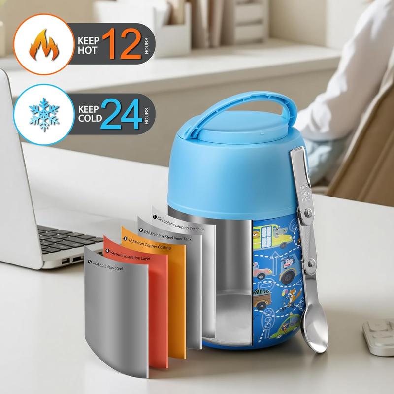 17 oz Insulated Lunch Containers Hot Food Jar, Wide Mouth Lunch Thermo for Kids Adults, Vacuum Stainless Steel Lunch Box With Handle Folding Spoon for School, Office (Blue Car)