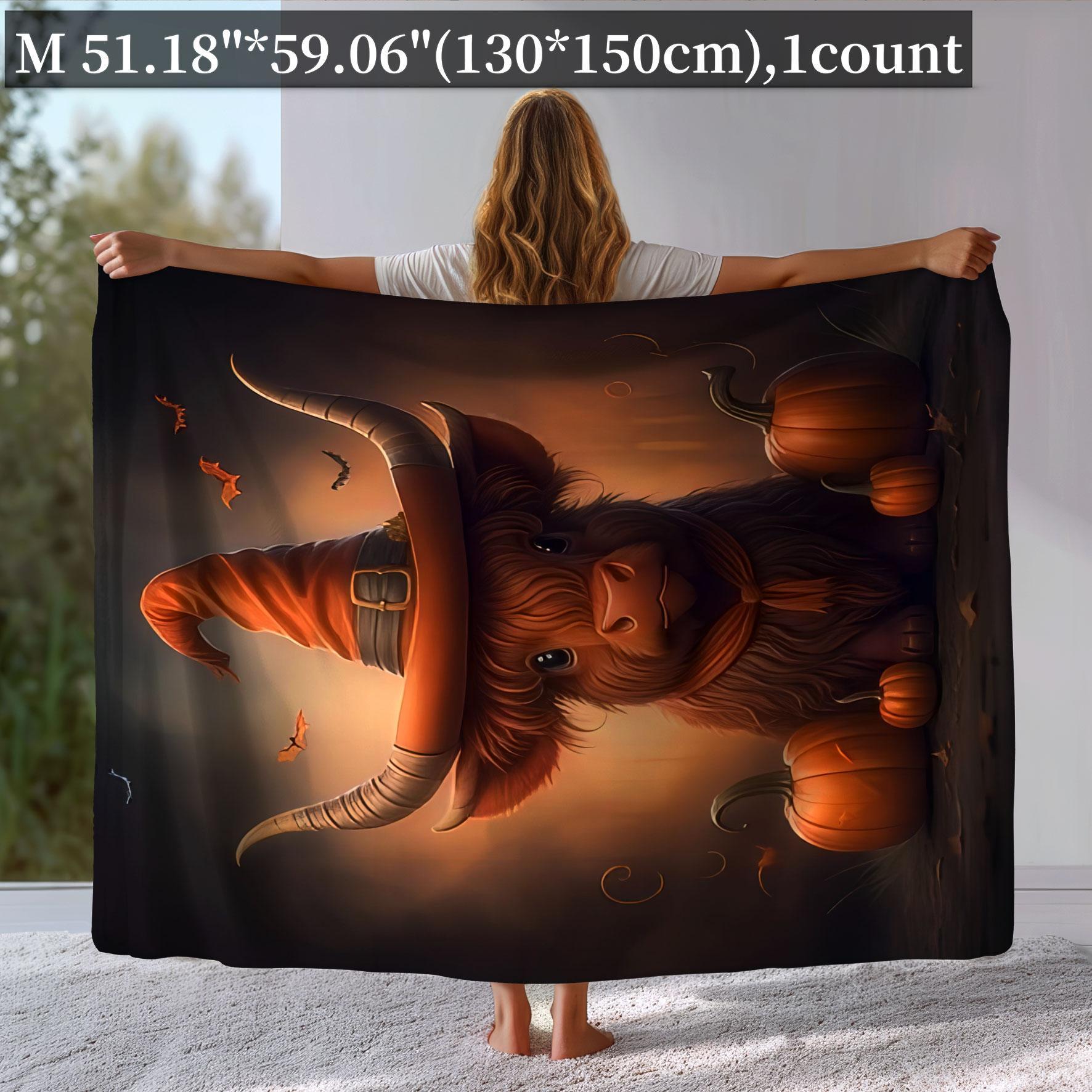 Cartoon Cow & Pumpkin Pattern Flannel Blanket, 1 Count Soft Throw Blanket, Bedroom Accessories, Warm Napping Blanket for Home Office Travel Camping, Christmas Decor, Christmas Accessories, Christmas Gifts, Christmas Decorations, Halloween