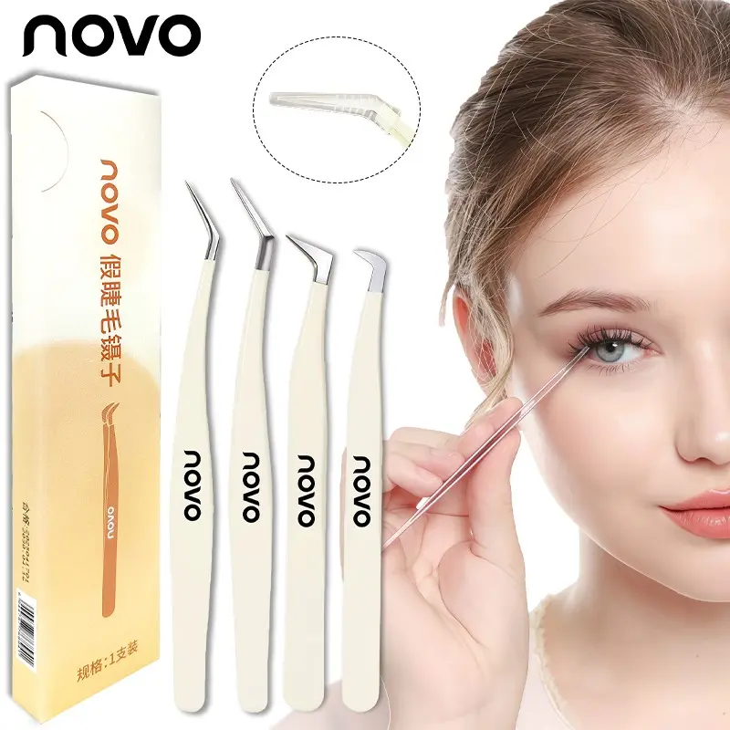 Novo Professional False Eyelash Tweezers, Stainless Steel Bent Tip, Precision Lash Application Tool, Makeup Tweezer for False Lashes