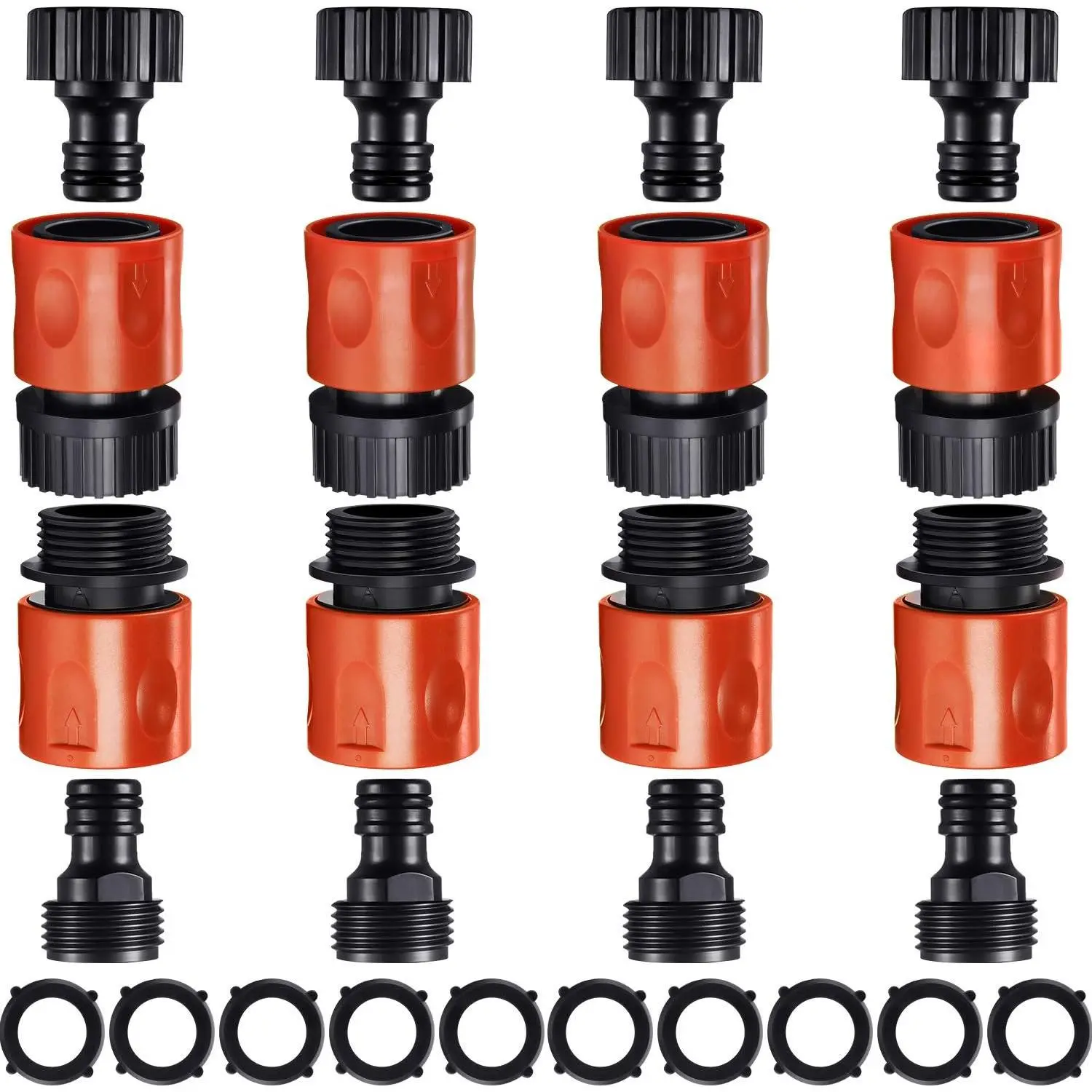 16 count Garden Hose Quick Connector 3/4 Inch Plastic Water Hose Fittings Male and Female Connectors End Adapters with 10 count Rubber Gaskets(Red, Black), 4 Count Female Faucet Connectors
