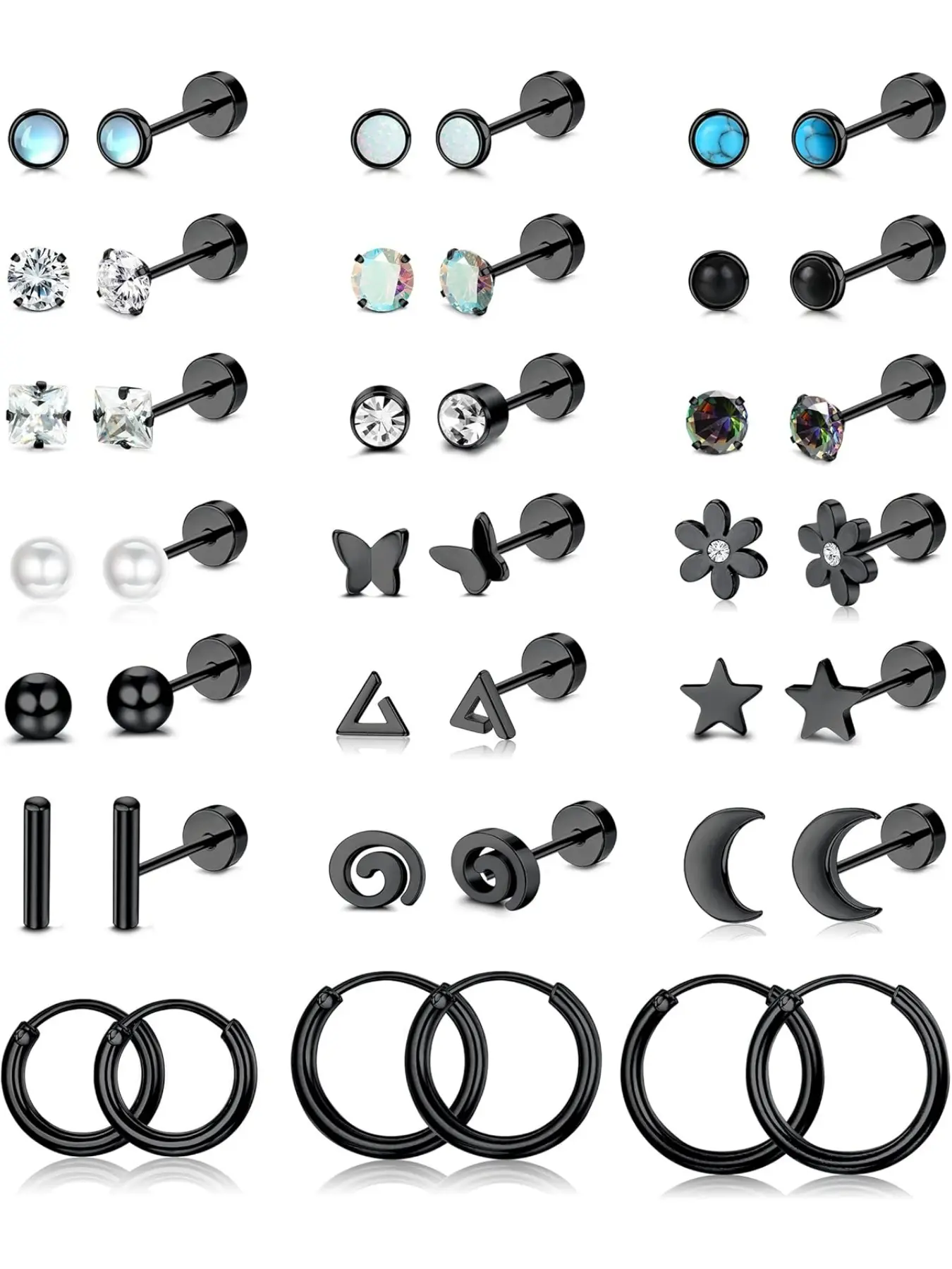 21Pairs Surgical Steel Flat Back Earrings Hypoallergenic 20G Screw Back Nap Stack Cartilage Earring Stacks