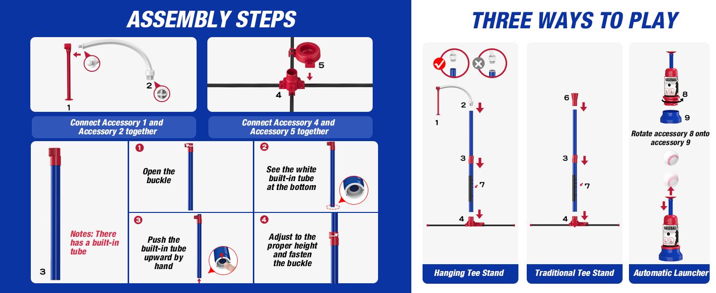 SUNDAY MIRTH 3-in-1 Baseball Set for Kids 3-5 - Tee Ball Stand, Hanging Tee, Ball Launcher and 6 Softballs - Adjustable Height, Indoor/Outdoor Sport Gifts for Boys, Blue