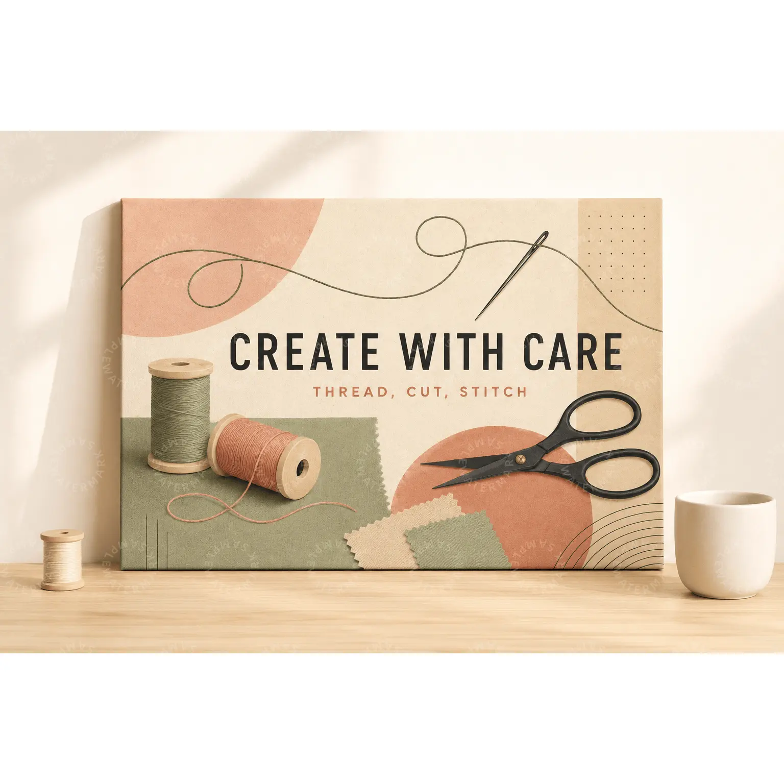 Create With Care Sewing Canvas Wall Art, Thread Cut Stitch Craft Room Poster, Minimalist Tailor Scissors Fabric Print, Aesthetic Poster for Bedroom Office Studio Decor, Gift for Sewing Lovers