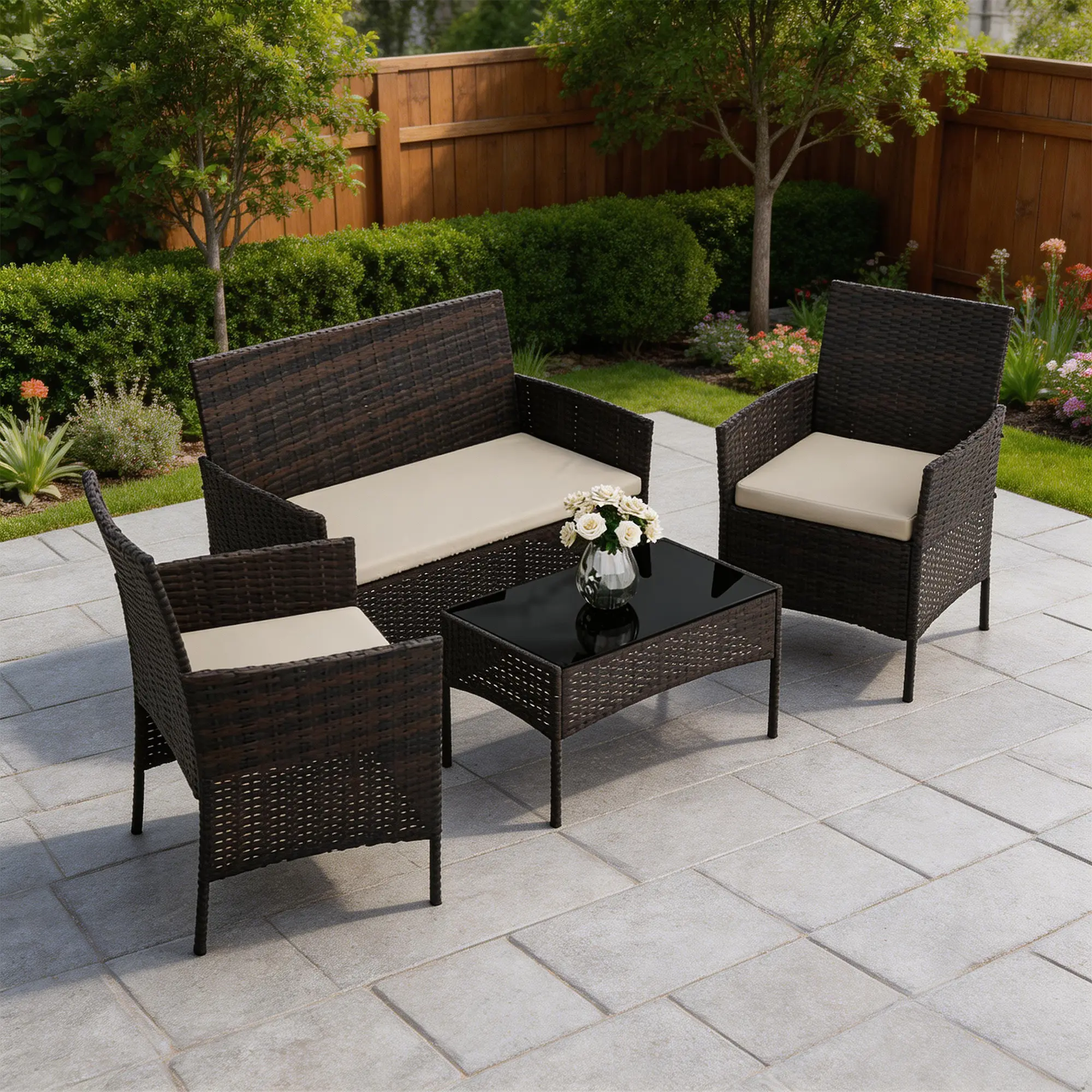 4-Piece Outdoor Patio Bistro Set – PE Rattan Wicker with 2 Chairs, Loveseat, Glass Coffee Table, Cushions – All-Weather for Backyard Porch Balcony Garden – Black /Brown