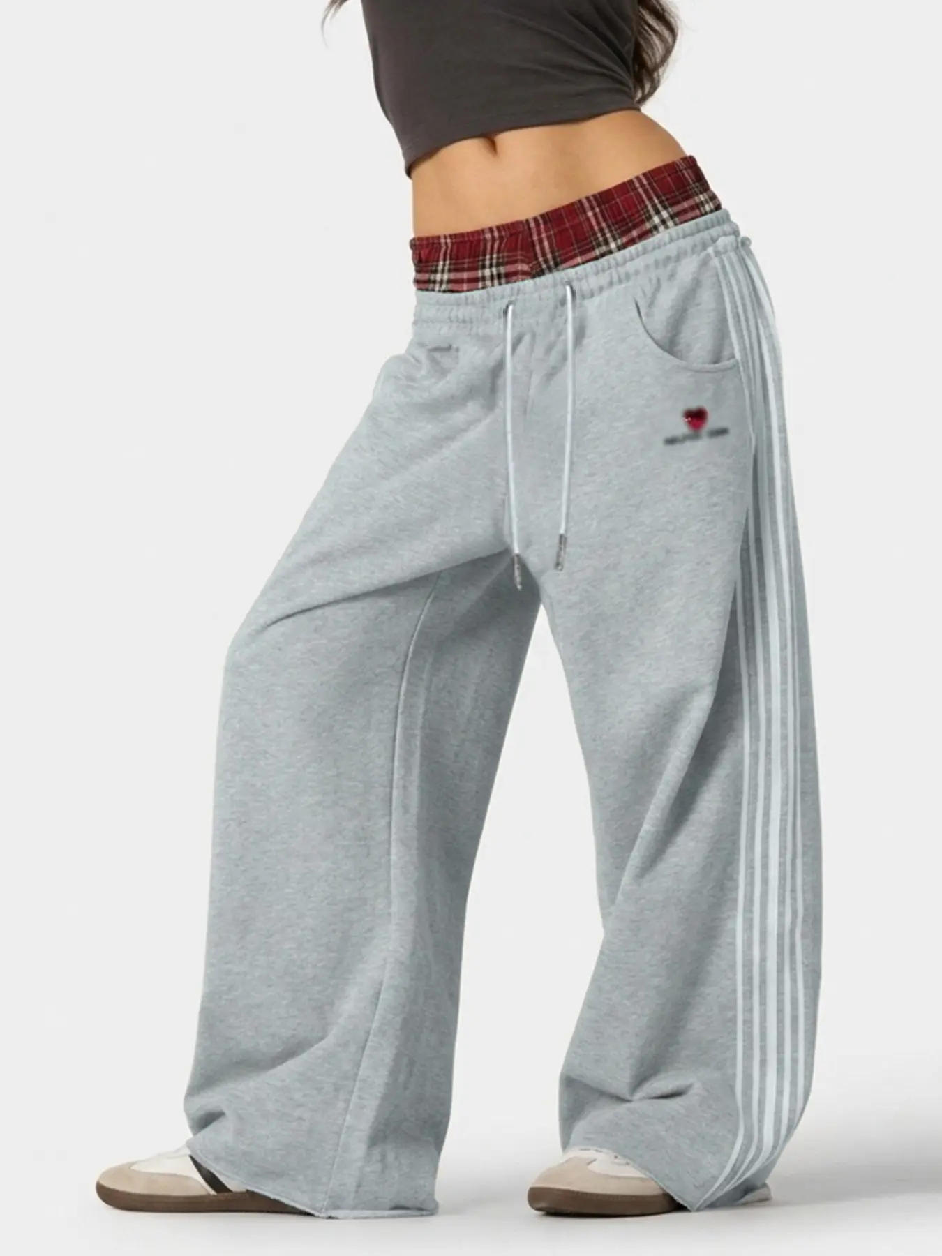Women's Plaid Two-Layer Waistband Heart Letter Embroidery Wide Leg Sweatpants, Drawstring Loose Casual Drop-Waist Sports Long Pants