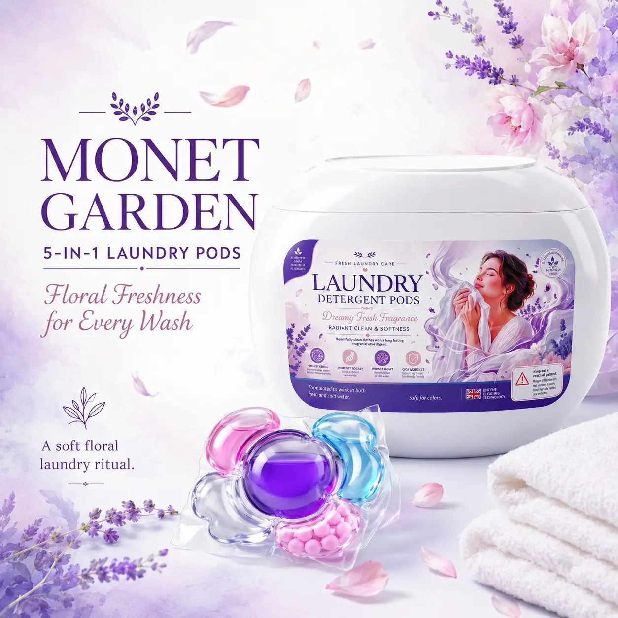Monet Garden 5-in-1 Laundry Pods – Floral Fragrance Laundry Detergent Capsules with Long-Lasting Freshness, Stain Fighting, Colour Care & Fabric Softening for Cold & Everyday Washes, Premium Detergent Pods