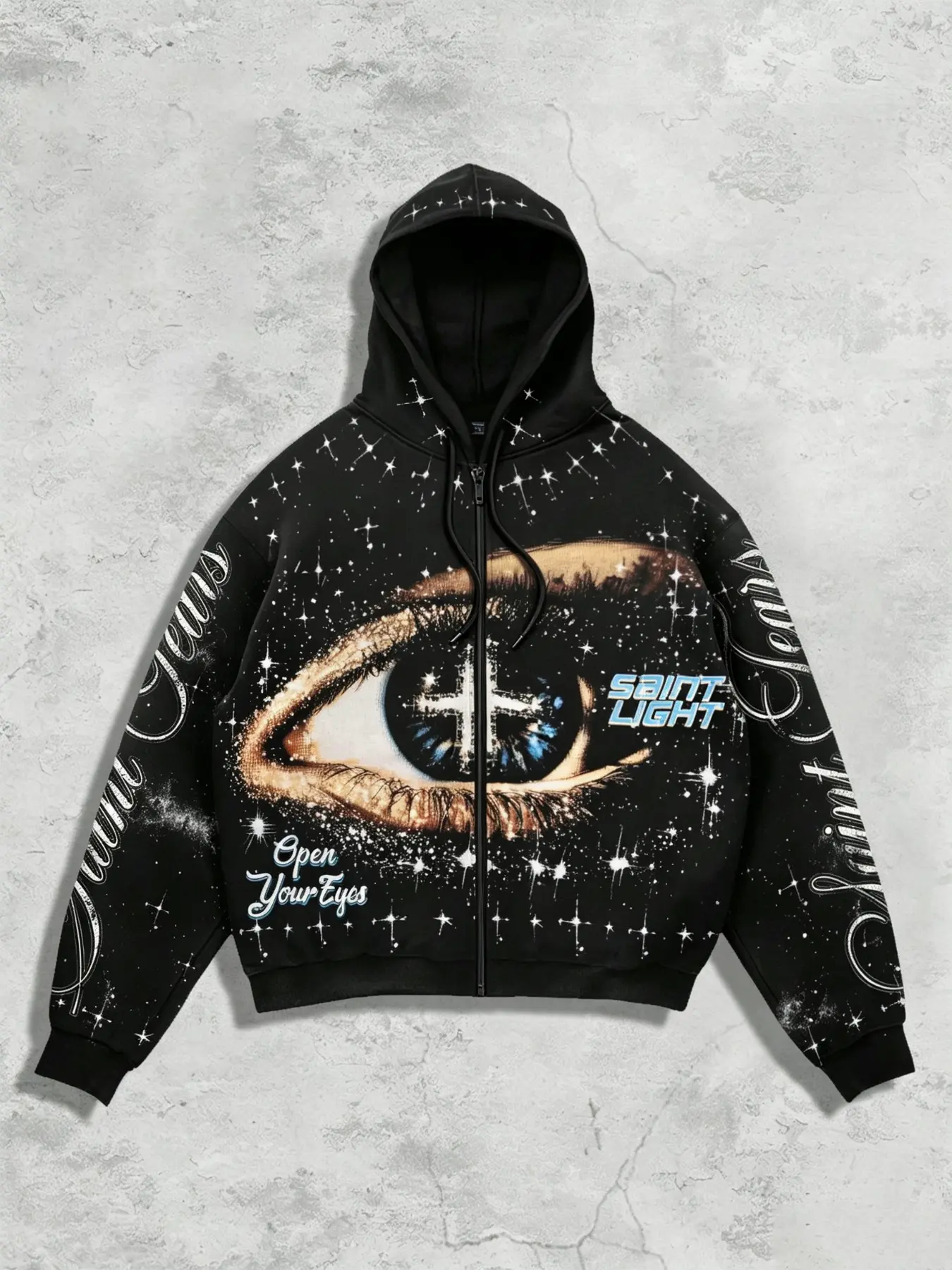 Men's Starry Eye Cross Print Zipper Open Front Sweatshirt, Drop Shoulder Short Sleeve, Dark Street Style Hoodie, Casual Fashion Top