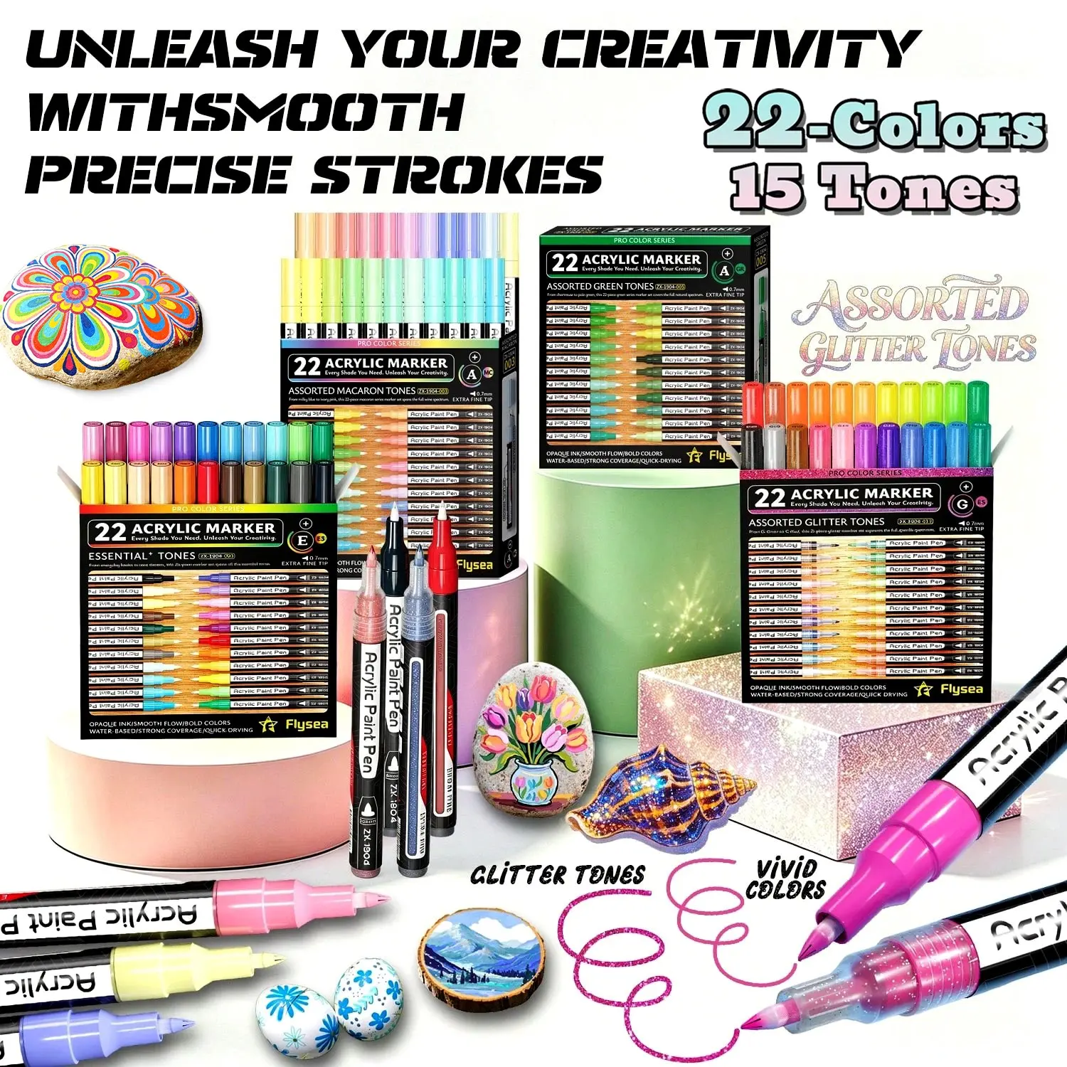 Flysea Acrylic Paint Marker Set, 22 Colors, Fine Tip 0.7mm, Quick-Dry, Visible Ink Window, Ideal for Stone, Wood, Metal, Glass, Canvas