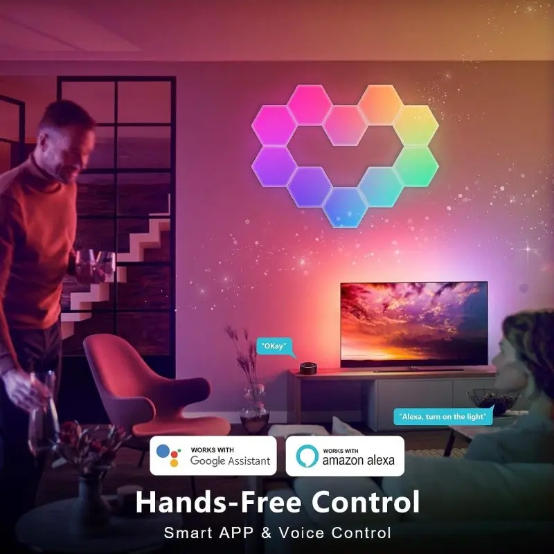 Hexagonal LED wall lamp, RGB gaming light, with APP and remote control functions, adjustable brightness, music synchronization. Honeycomb-shaped hexagonal lights, suitable for bedroom, living room, gaming, KTV, and bar decoration lighting.