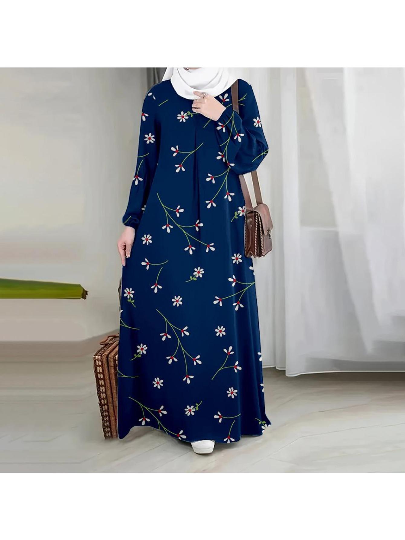 Women's Beige Embroidered Maxi Dress Long Sleeve Modest Muslim Casual Summer Vacation Outfit