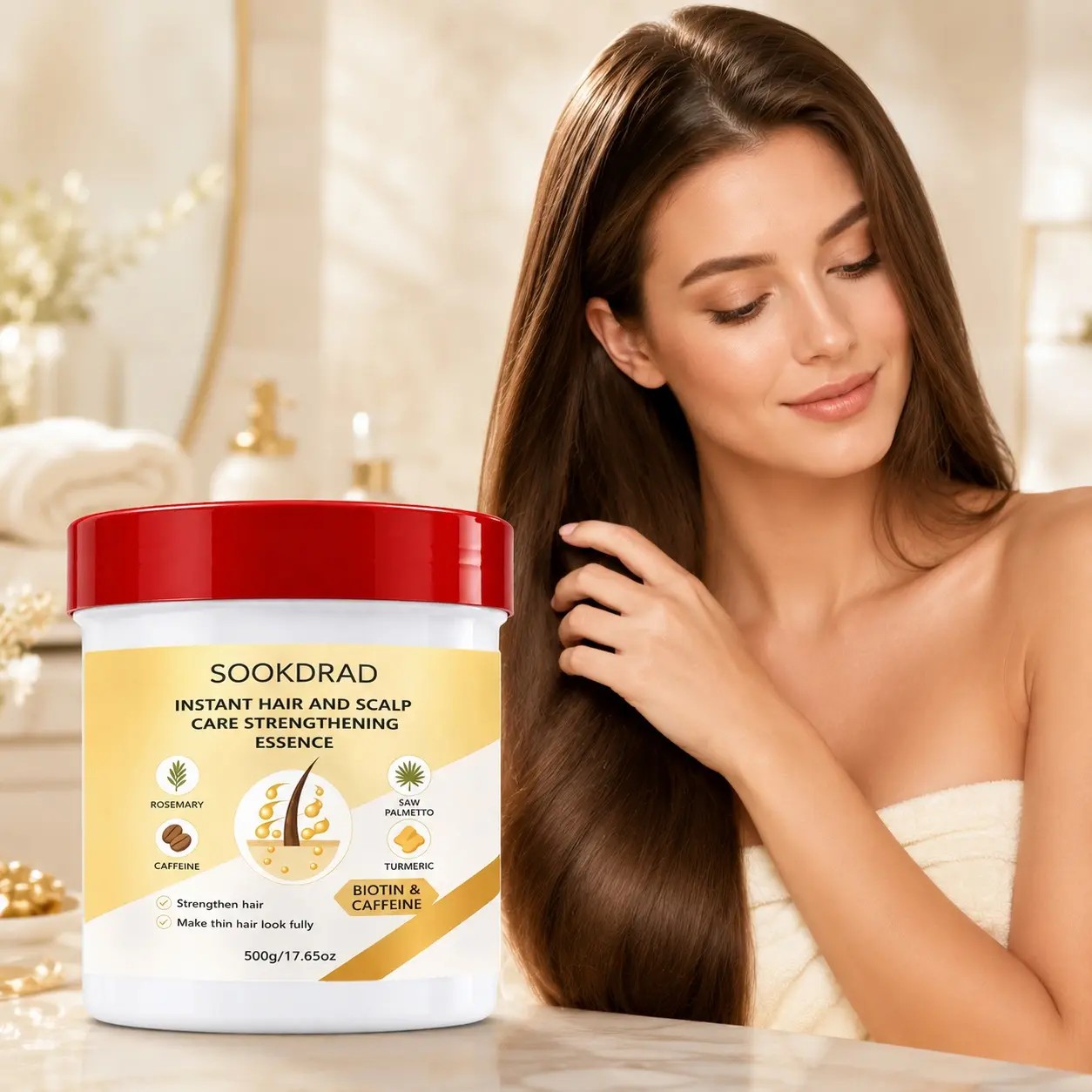 Instant Hair and Scalp Care Strengthening Essence, containing biotin, caffeine, rosemary, saw palmetto, turmeric, strengthen hair, make thin hair look full, 500g/17.65oz