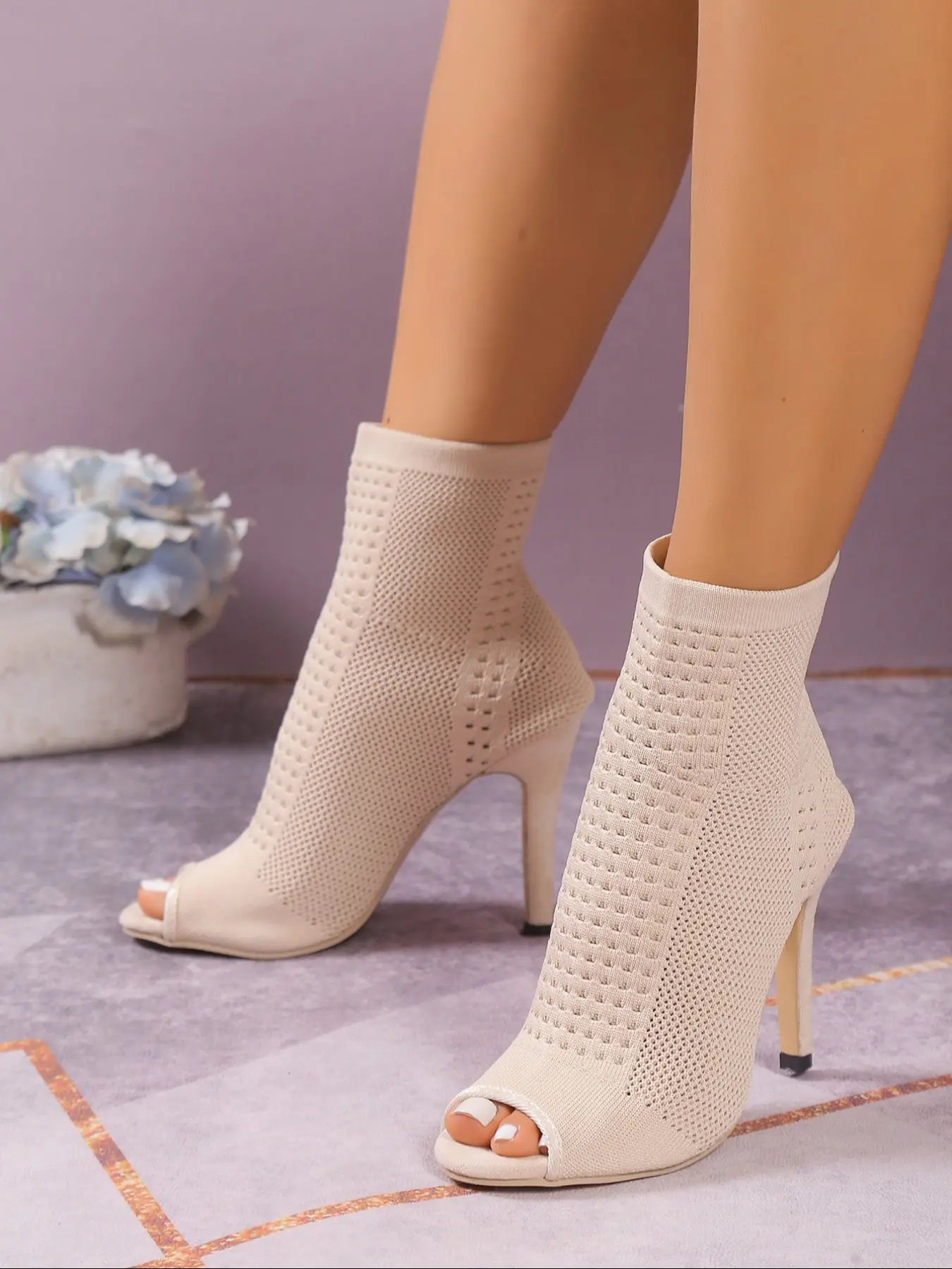 Women's High Heel Shoes, Round Toe Fish Mouth Design, Elastic Knit Upper, Perfect for Work & Casual Wear, Date Night Footwear, Fall Winter Fashion