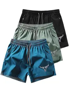 3-Pack Sporty Casual Shorts, Outdoor Fitness Training, Bull Head Print, Lightweight Quick-Dry, Unisex, All Seasons, Slim-Fitting