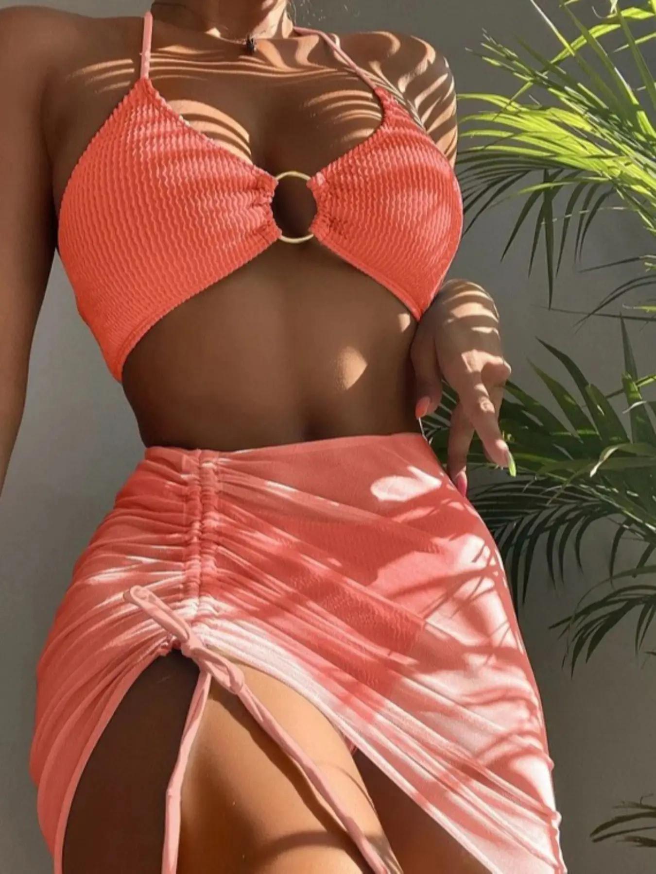 Women's Ring Linked Halter Bikini Top & Drawstring Skirt & High Cut Bikini Bottom Set Bikinis, Sleeveless Triangle Swimsuit Top & Skirt & Swim Bottom Set, Ruched Bikini Bottoms