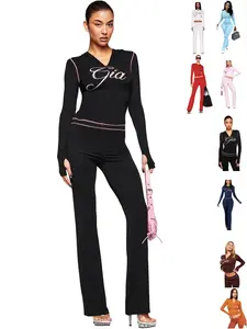Women's Fashion Casual Printed Hooded Long-Sleeve Two-Piece Set with Thumb Holes and Micro Bell Sleeves, Solid-Color Sexy Open-Collar Loungewear Outfit