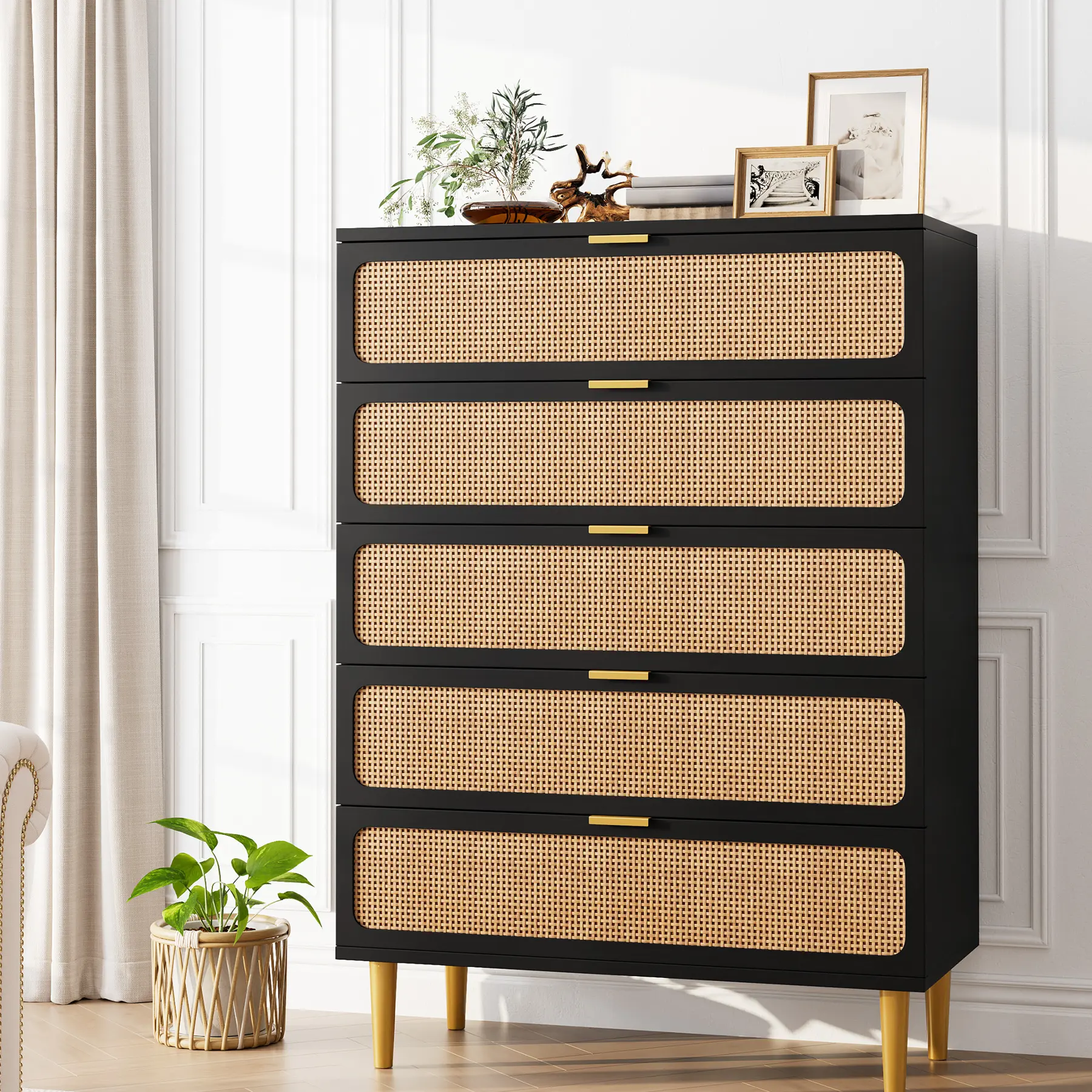 5 Drawer Rattan Dresser Black Wood Chest of Drawers for Bedroom Living Room Boho Style Storage Cabinet with Deep Drawers Easy Assembly
