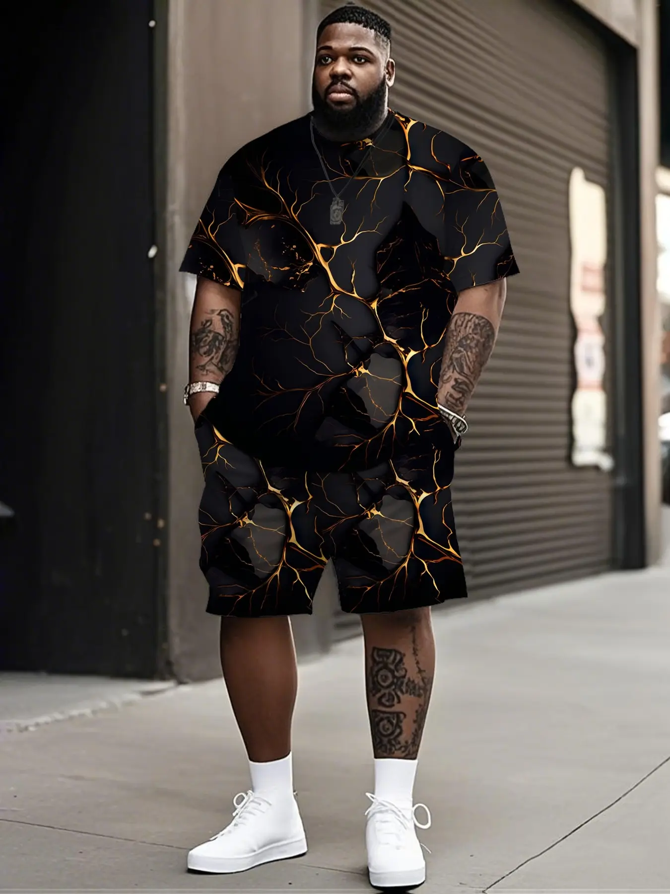 Men's 2-Piece Set, Gold Marble Print, Short Sleeve T-Shirt & Shorts, Loose Fit, Quick-Dry, Casual Sportswear, Plus Size