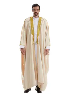 Arabian Muslim Men's Luxury Gold Beaded Embroidered Thick Dual Layer Fabric, Loose Batwing Sleeve Winter Outerwear, Plain Style