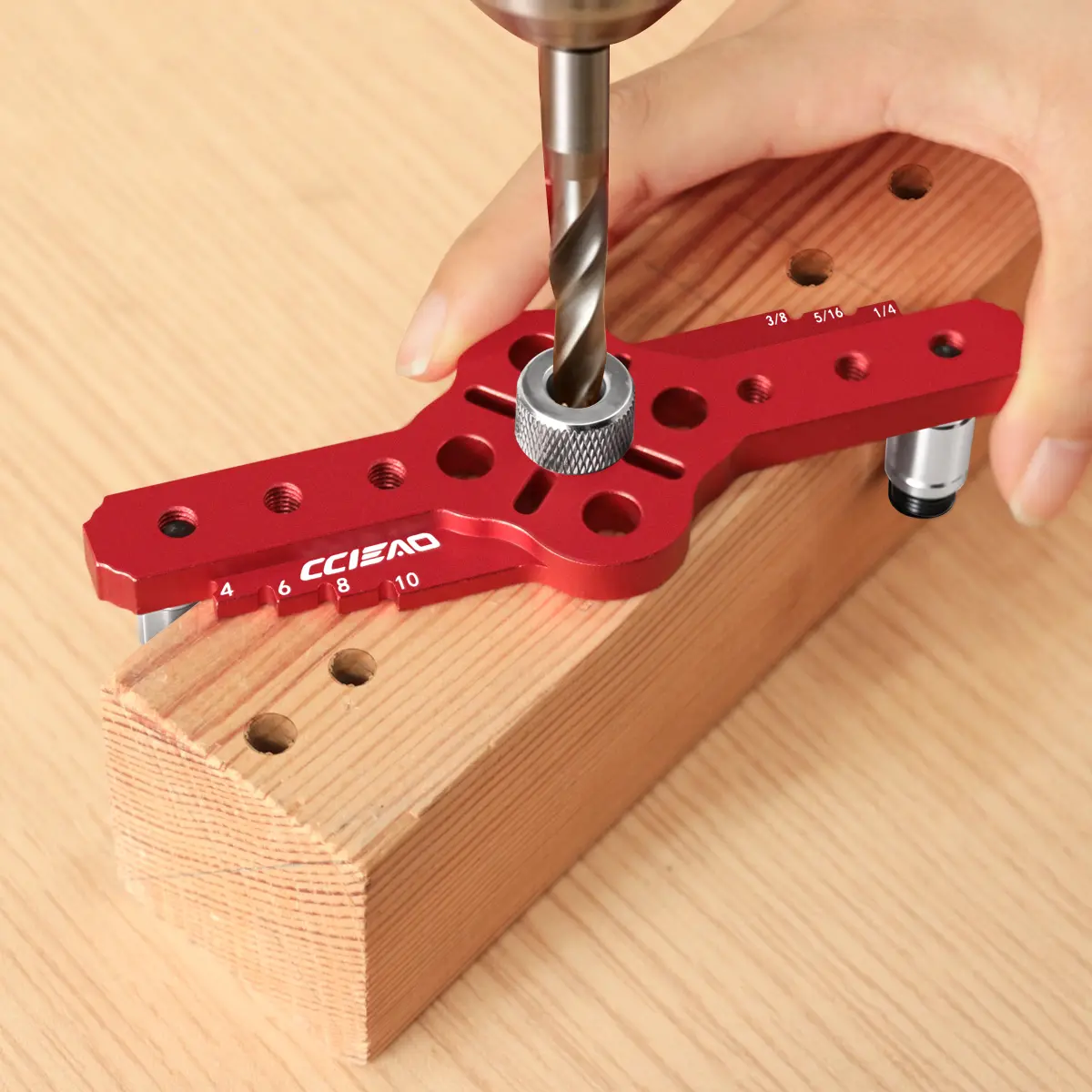 CCIEAO Red Woodworking Dowel Jig, Self-Centering Drill Guide Edge Marking Gauge, Aluminum Angle Ruler, Multi-Functional Drilling Locator