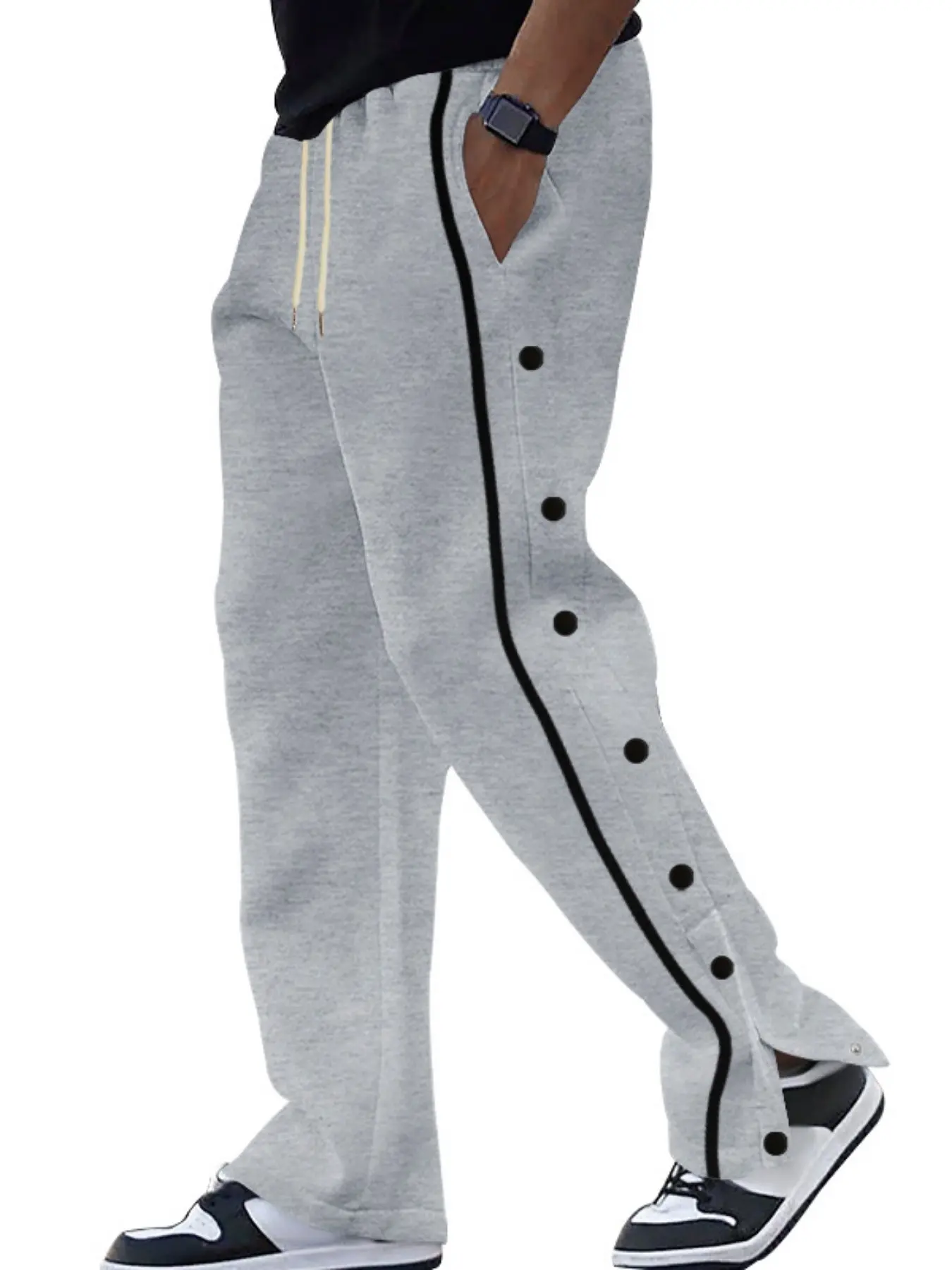 Men's Fashion Button Front Casual Plain Pants, Fall Loose Straight Leg Adjustable Drawstring Waist Large Size Men's Clothing, Comfortable and Stylish