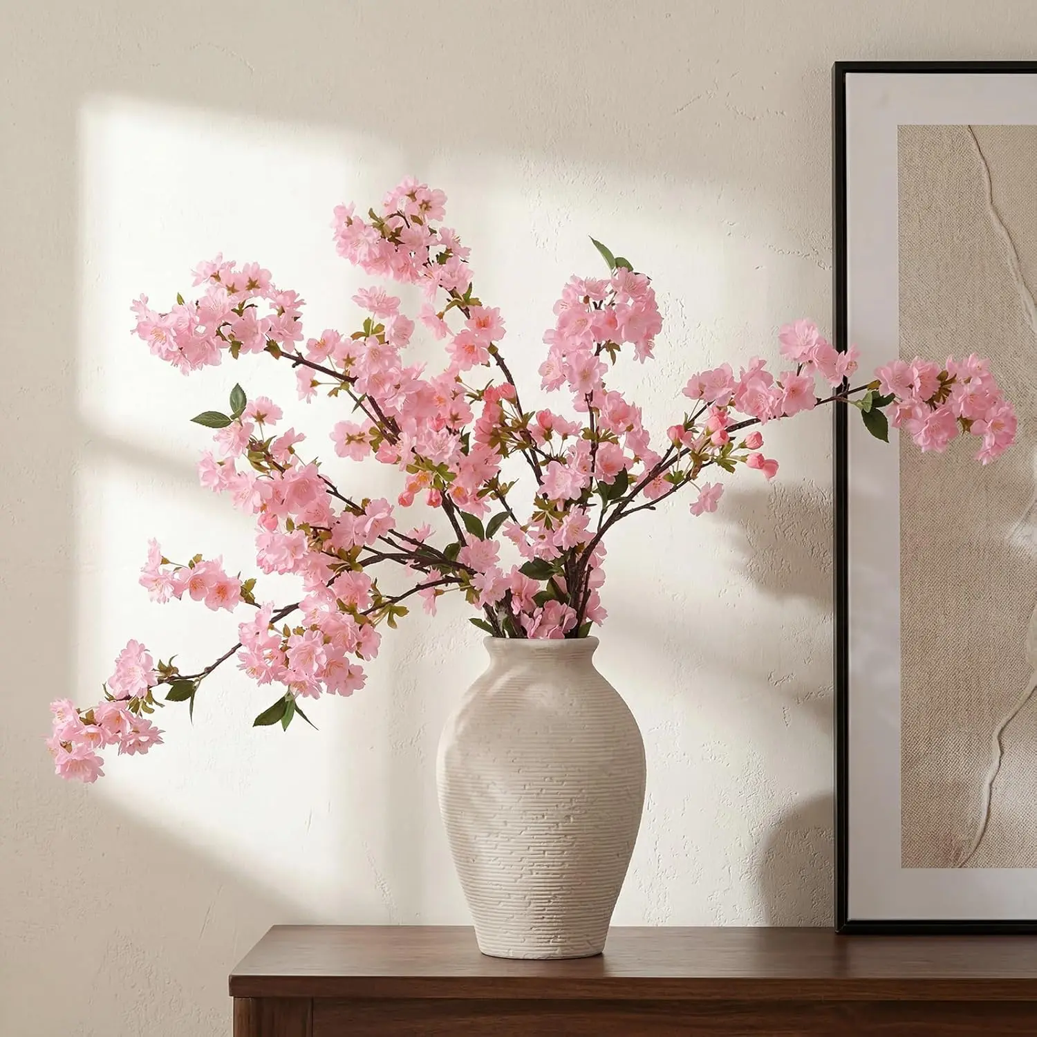 3 Pcs Rose Pink Full Bloom Cherry Blossom Branches, 37 in Silk Fabric-Plastic Artificial Bouquet, Extra Long Stems for Tall Vase Home Decoration, Wedding Table Centerpieces, Floral