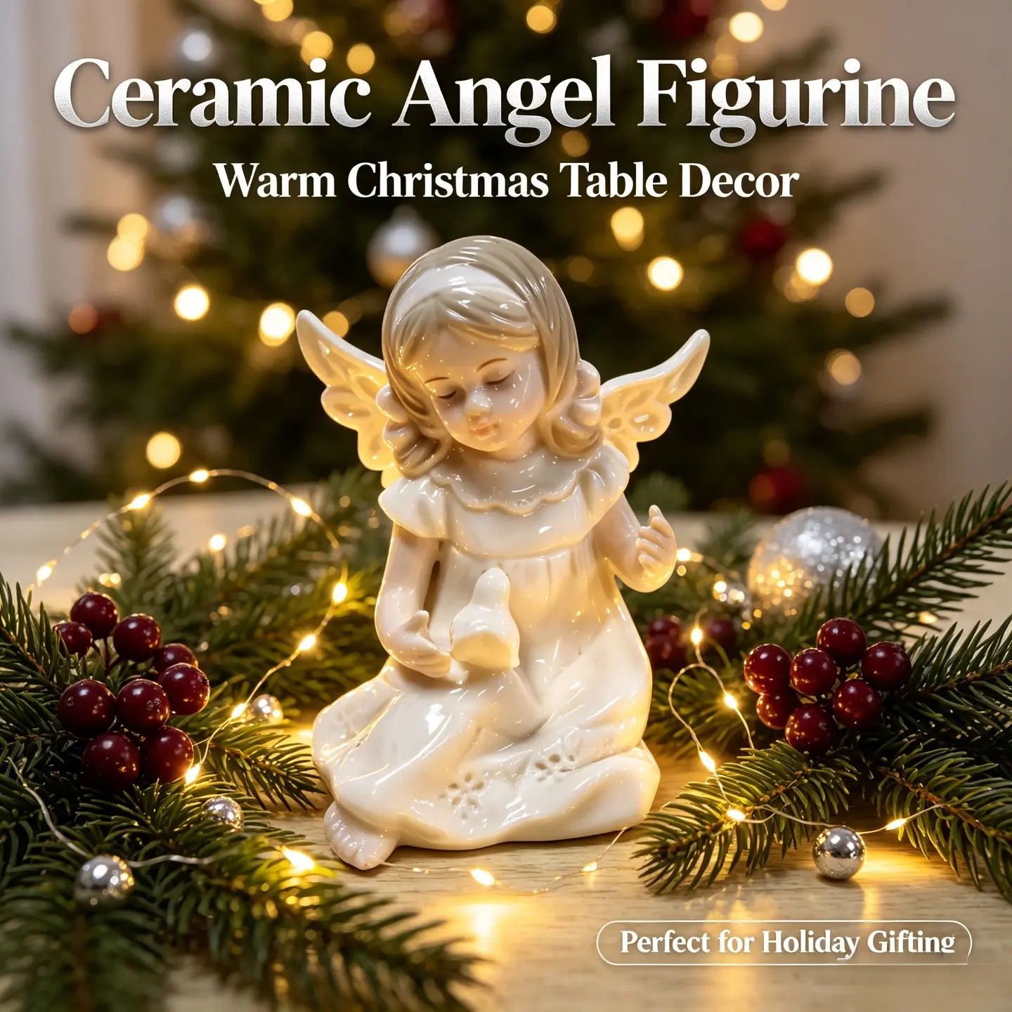 Gentle Kneeling Ceramic Angel Figurine with Little Dove, Soft‑Toned Porcelain Tabletop Mantel Christmas Statue, Cozy Farmhouse Winter Holiday Home Decor, Perfect Christmas Gift, Thanksgiving New Year Housewarming Present, Aesthetic Cottagecore Room Accent