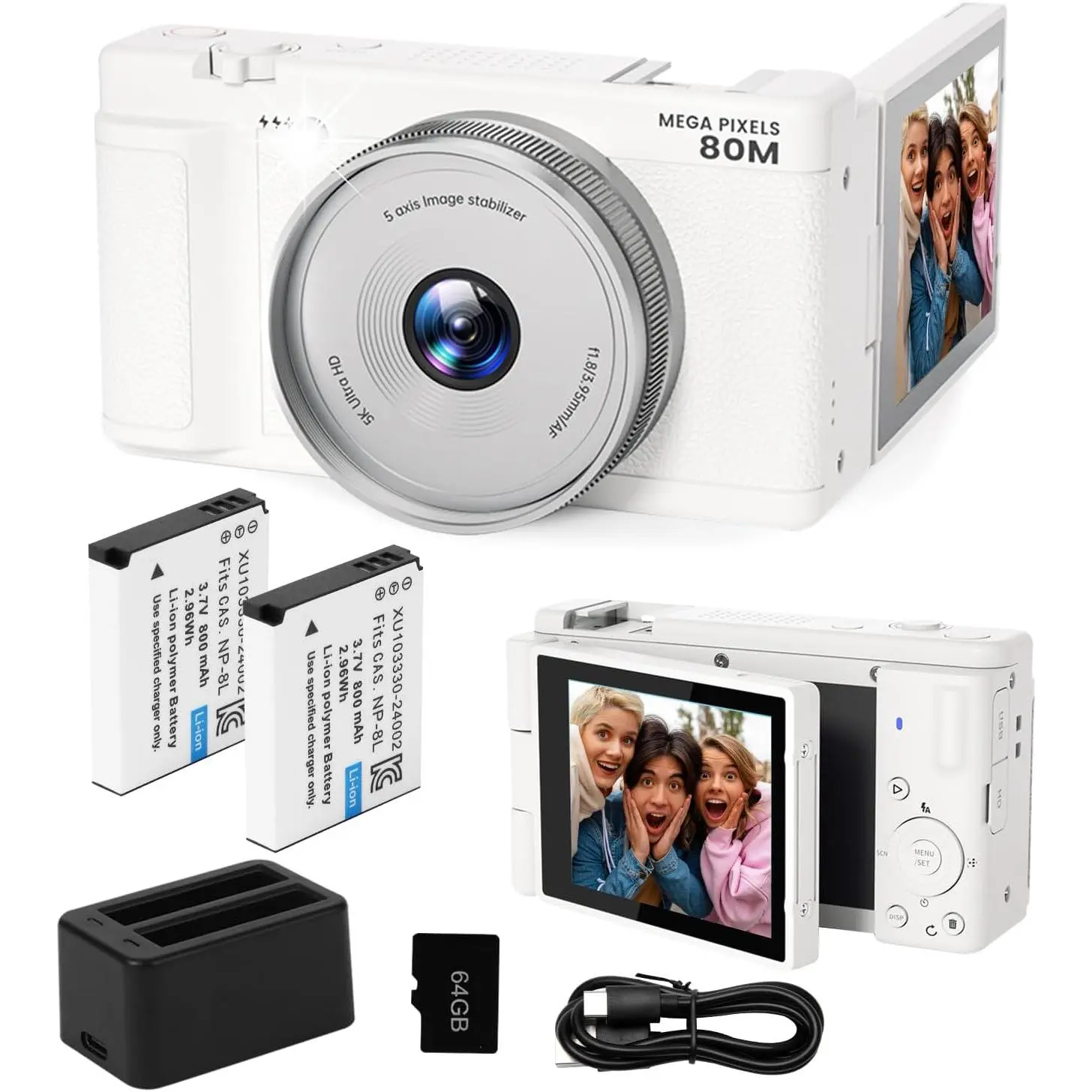 Pocket Vlogging Mirrorless Camera, 5000x Resolution 80MP Upgraded Autofocus Digital Camera with 3" 270° Flip Screen, 18x Digital Zoom, 64GB SD Card, 2 Batteries & Charger for Photography YouTube (White), Pocket Vlogging Mirrorless Cameras