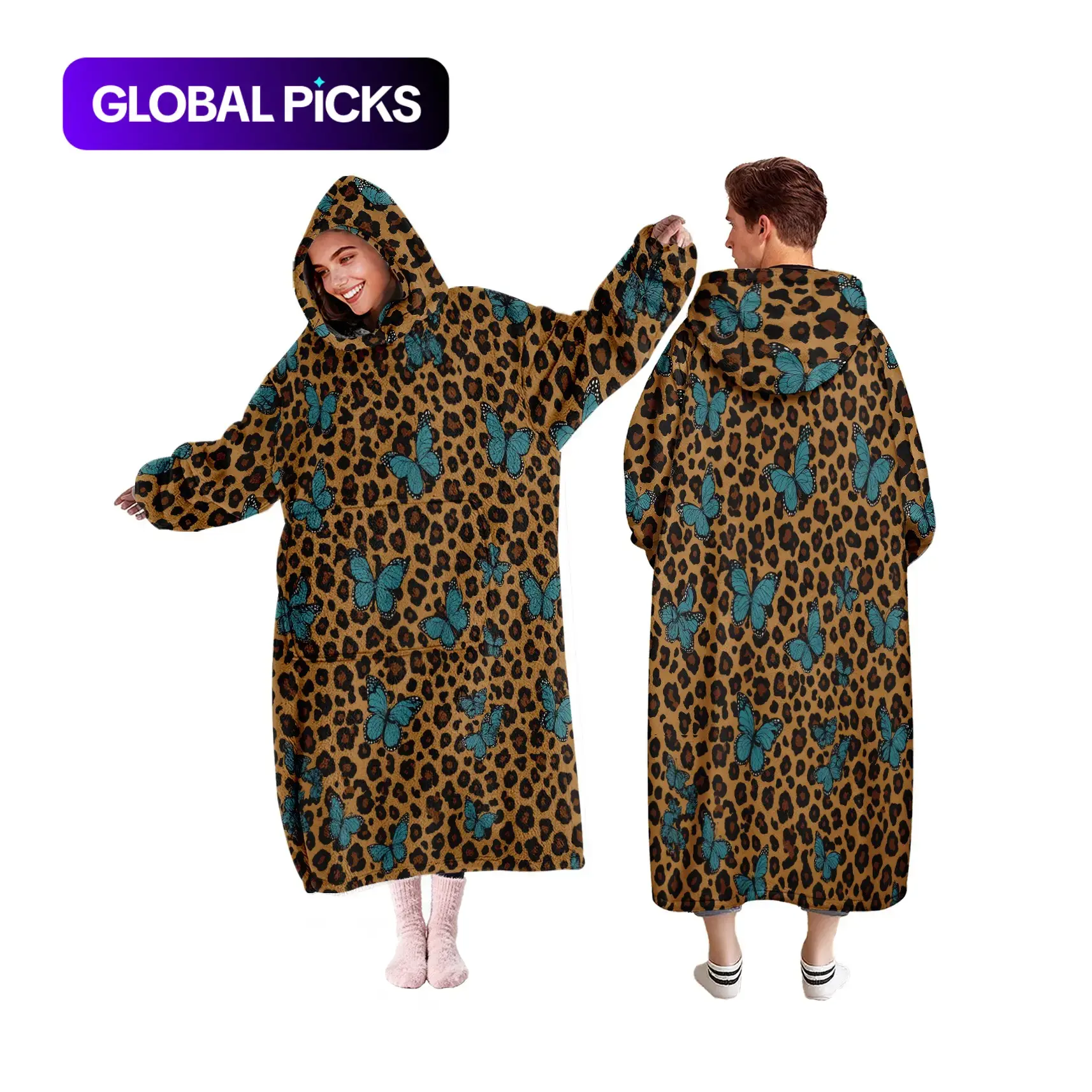 Adult Wearable Hooded Blanket, Loose Leopard Print Bow Tie Hoodie, Flannel Comfort with Large Pockets, Unisex Lazy Blanket