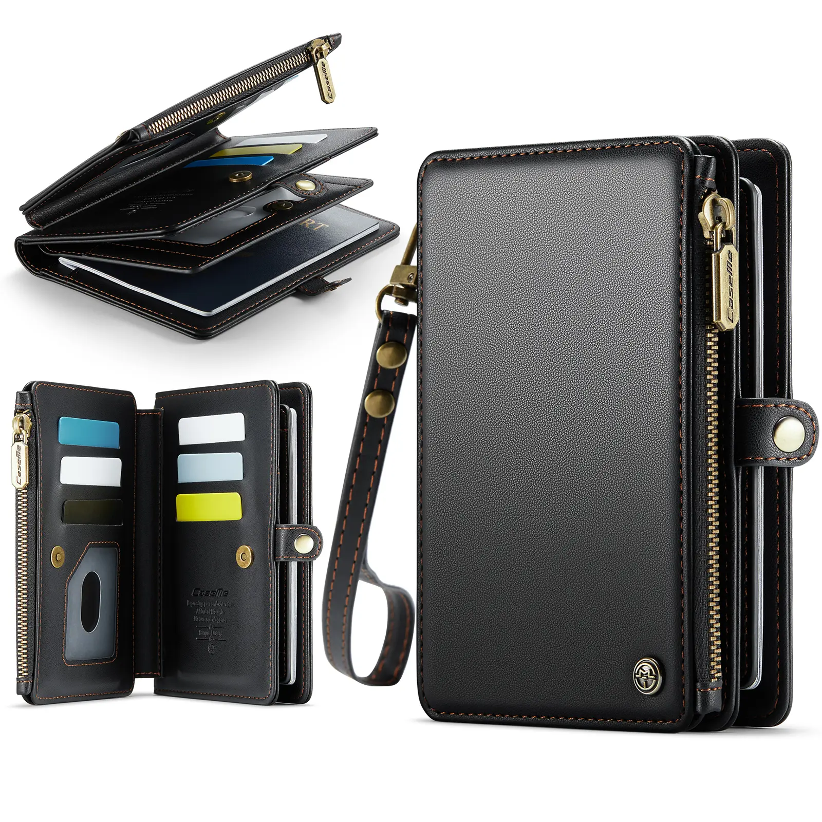 Travel Passport Holder Wallet with AirTag Slot, RFID Blocking Family Document Organizer, 11 Card Slots & Zipper Pocket for Money Tickets, PU Leather Wristlet Bag for Women Men