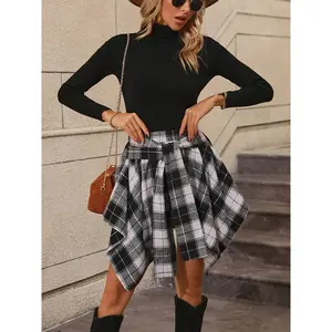 Women's Plaid Print Belted Asymmetrical Hem Flared Chinos Skirt, Casual High Waist Short Skirt for Daily Wear, Ladies Bottoms for All Seasons Womenswear, napkin skirts