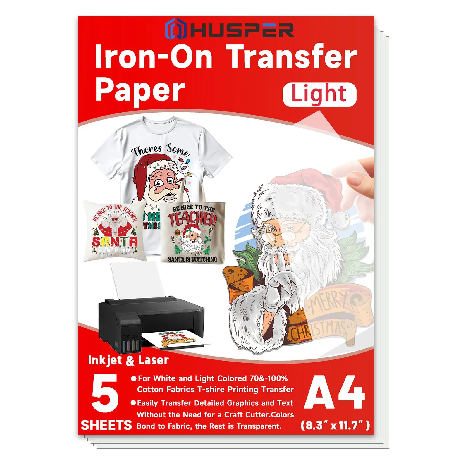 5 Sheets A4 Iron-On Heat Transfer Paper, 8.3x11.7 Inches, Printable with Inkjet & Laser, for T-Shirts, Bags, School Supplies, Back to School