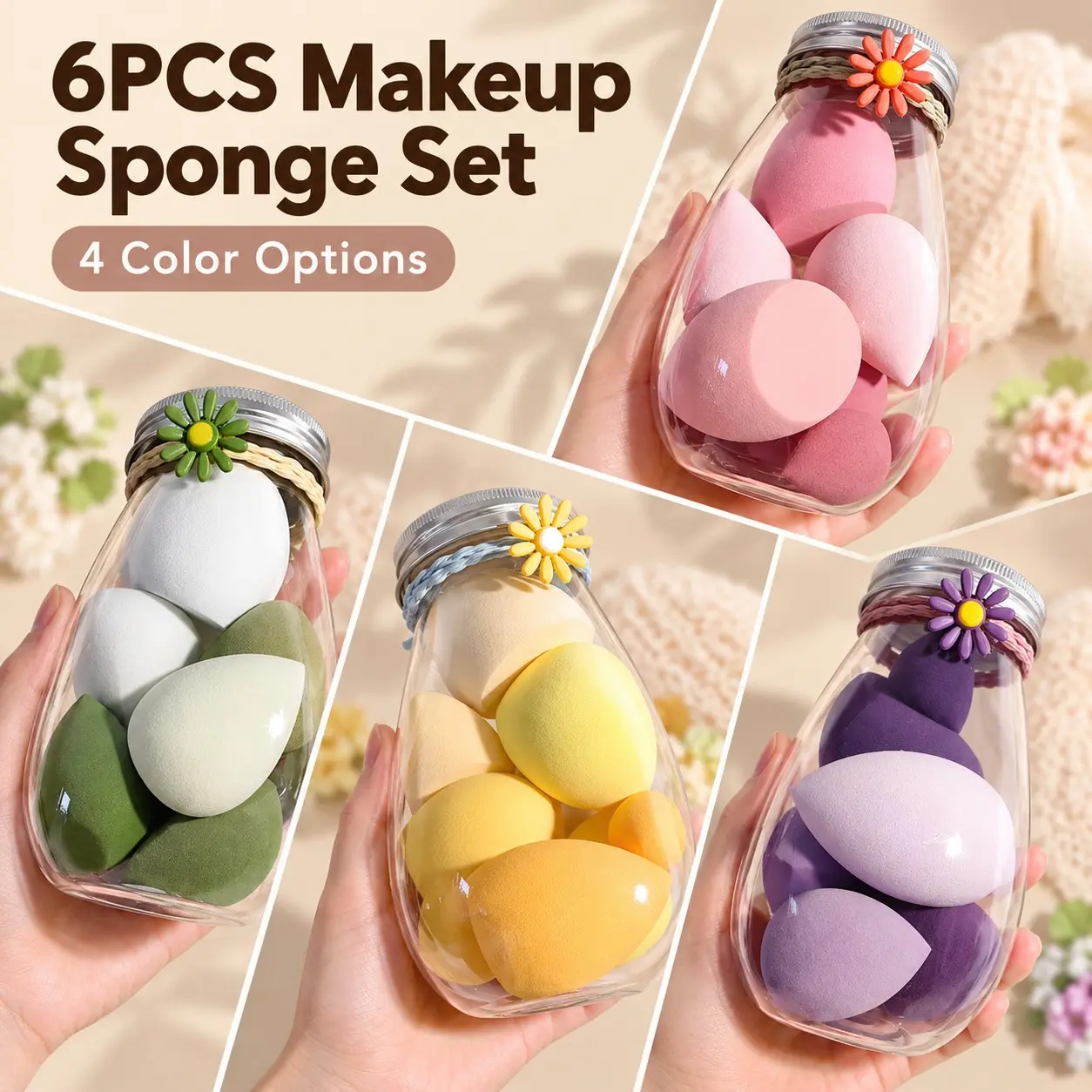 6pcs Makeup Sponge Set with Storage Jar, Beauty Blender for Foundation, Concealer & Contour, Multi Shape Sponges for Flawless Application