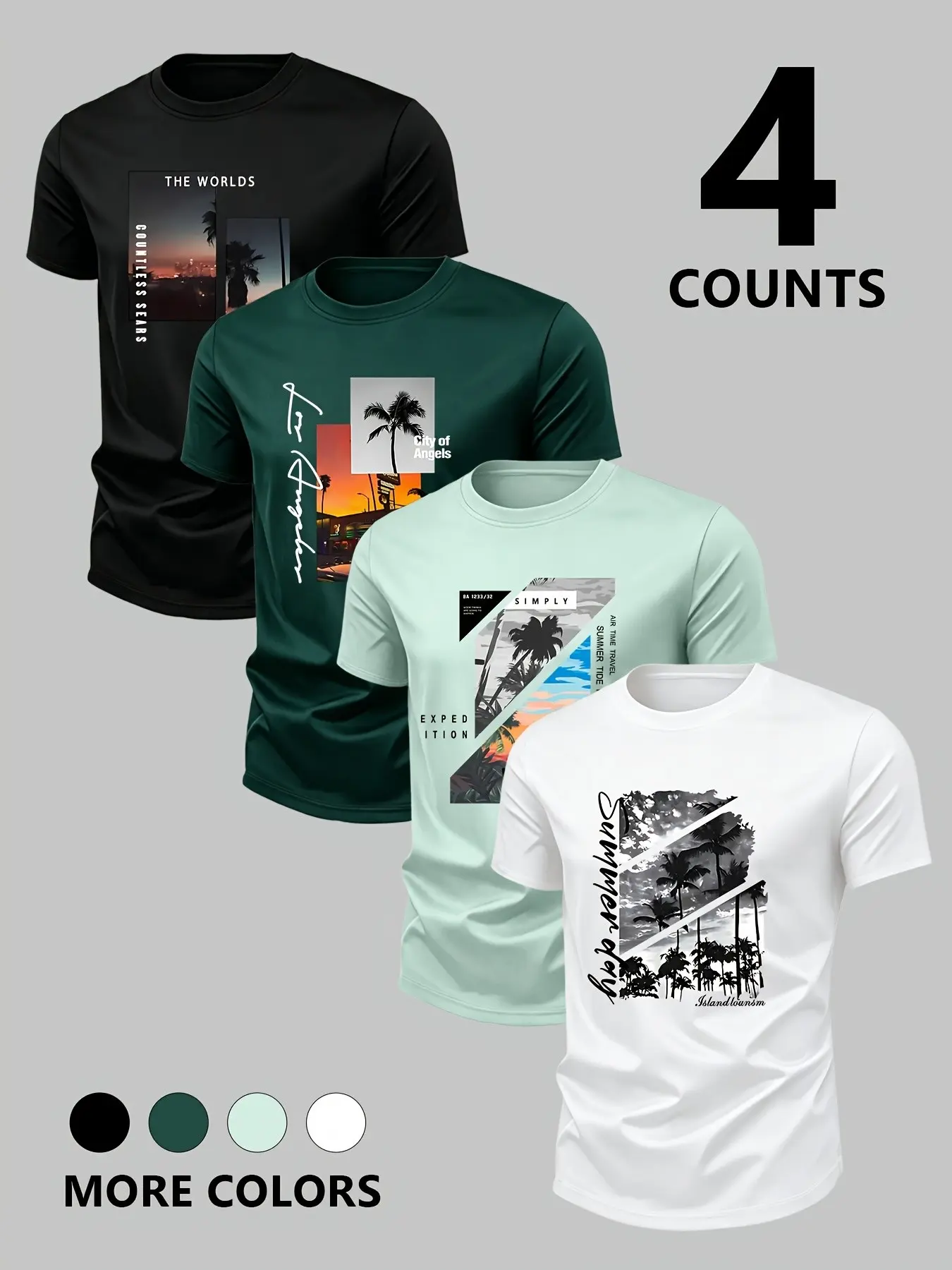 4 Pack Mens Graphic T Shirts Summer Vibe Palm Tree Print Crewneck Short Sleeve Tees, Comfortable Breathable Loose Fit Casual Top for Beach Vacation Streetwear
