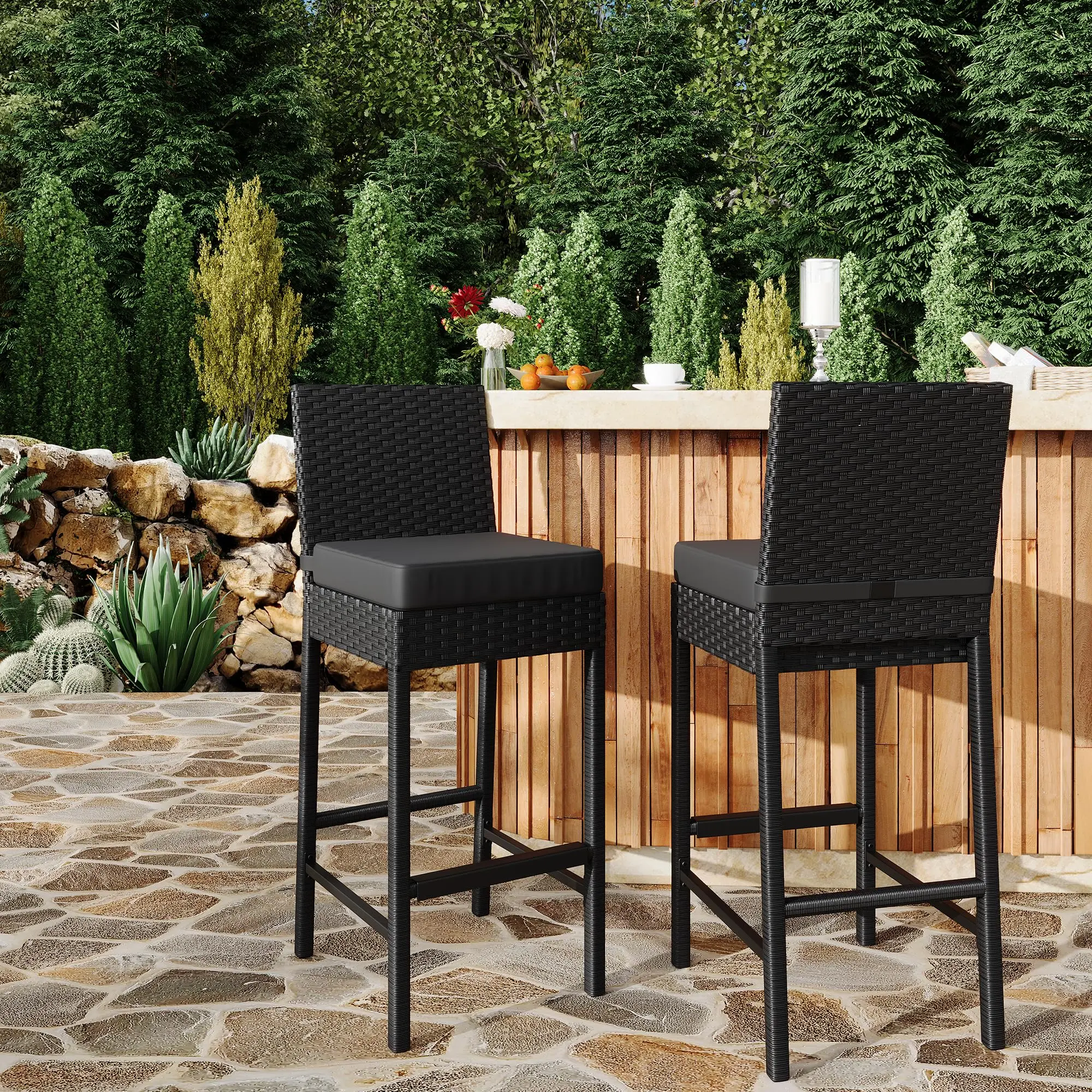 Comfortable Outdoor Rattan Bar Stools Set of 2 – Patio Wicker Bar Chairs with Cushions – Counter Height, Armless, Weather-Resistant for Backyard & Garden