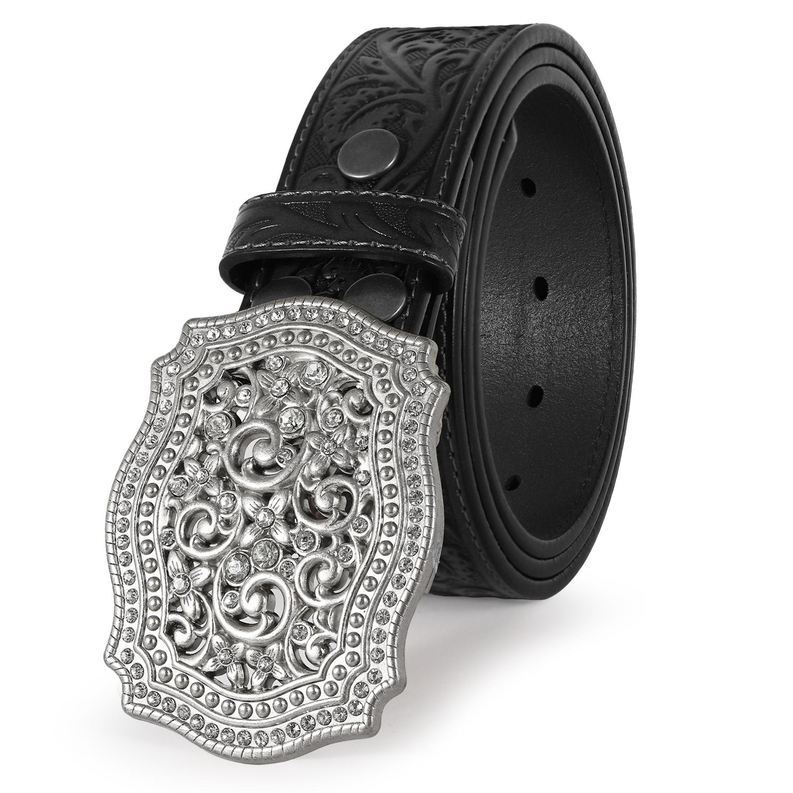 XZQTIVE Unisex Western Genuine Leather Belt - Floral Engraved Tooled Strap with Embossed Scrollwork Buckle, Perfect for Cowgirls & Cowboys SpringStatements