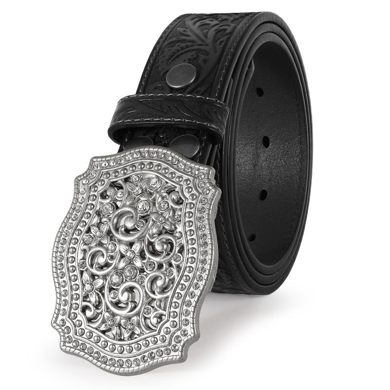 XZQTIVE Unisex Western Genuine Leather Belt - Floral Engraved Tooled Strap with Embossed Scrollwork Buckle, Perfect for Cowgirls & Cowboys