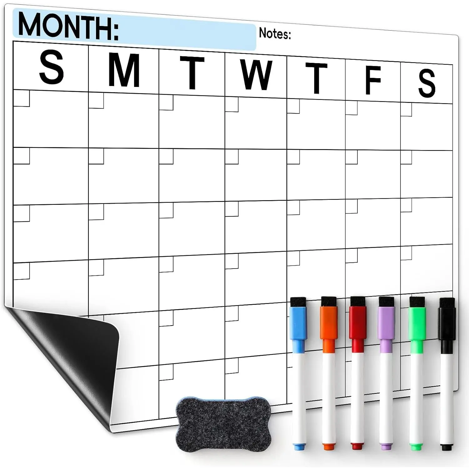 Dry Erase  Calendar for Refrigerator - Monthly Planner  Whiteboard for Fridge Wall Door - Shopping, Meal/Menu, , Family Schedule Planning Board with 6 Markers - Black