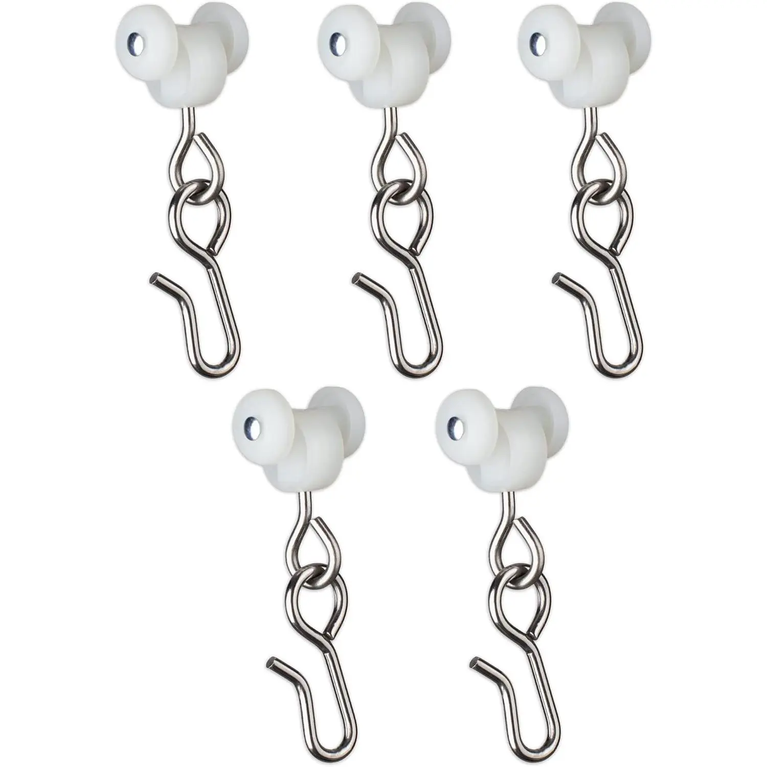 Curtain Hooks -  Wheel Roller Carriers for Ceiling Mounted Curtain Track with Stainless Steel Hooks for Curtains, Drapes, and Room Dividers - Pack of 5