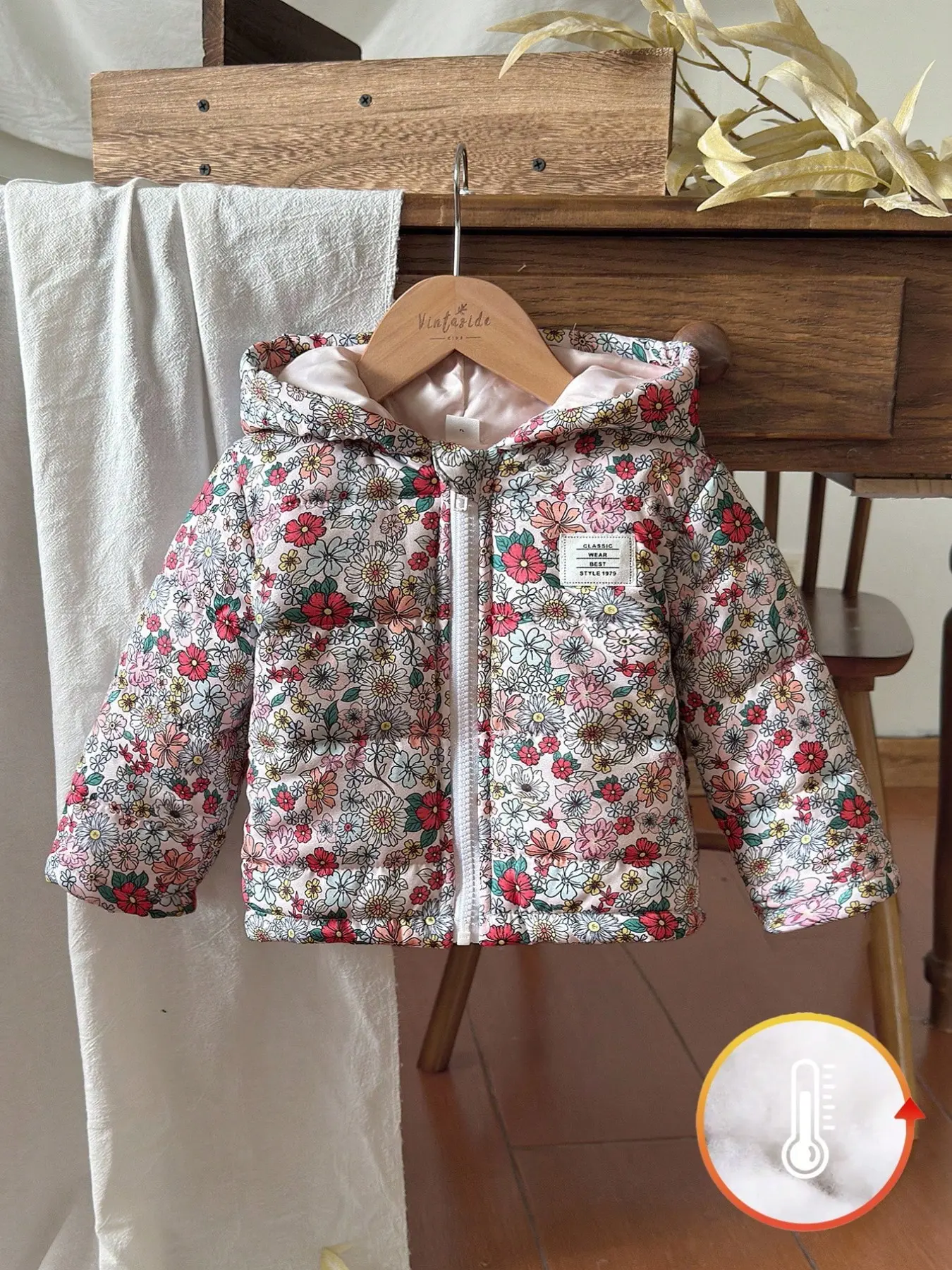 Baby Girls Floral Print Hooded Padded Coat, Zip Up Thick Warm Quilted Jacket, Windproof Outerwear for Autumn Winter, Outdoor Daily Wear, Toddler Puffer Jacket
