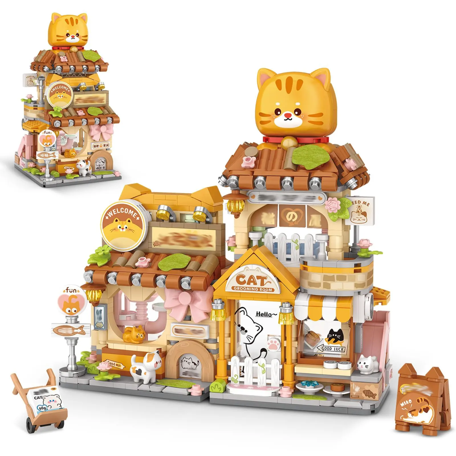 Street View Cute Cat Shop Mini Building Blocks, Moc Creative Building Toys, Simulation Architecture Construction Toy, Model Building Kits, 917 Pcs, Gift for Kids Adults