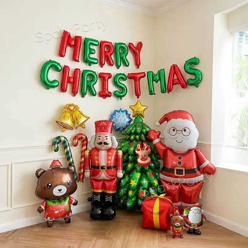 26pcs Merry Christmas Balloon Set, Letter Balloons, Santa Tree Nutcracker Bear Reindeer Candy Cane Gift Box Snowflake Bell, Indoor Winter Festival Decorations