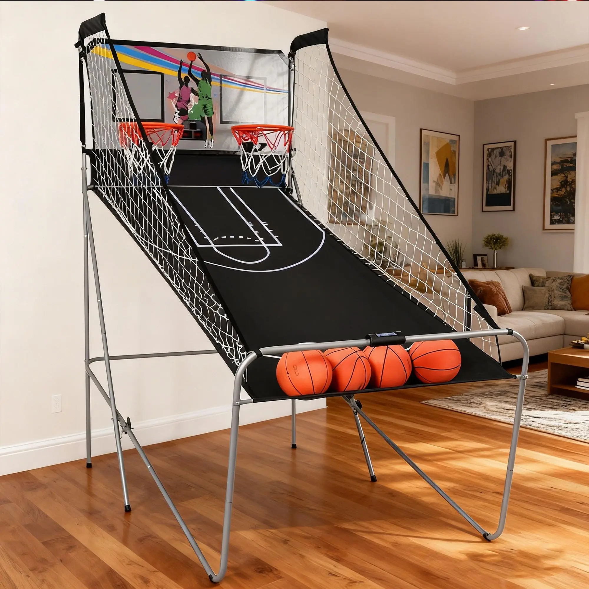 Double Shootout Basketball Game, Foldable Electronic Dual Arcade with 2 Player, 8 Game Options, LED Scoring, Includes 4 Balls, Air Pump & Needle for Youth & Adults