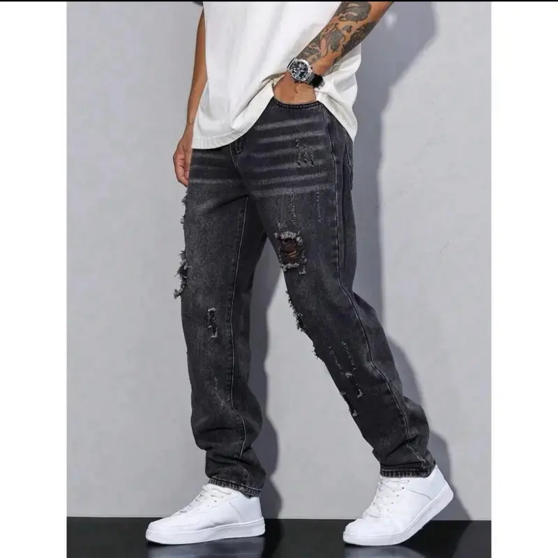 Manfinity Homme Men's Dark Grey Ripped Straight Leg Denim Jeans with Pockets & Zipper Fly Closure Regular Fit Long Length Street Casual Style Fabric Menswear