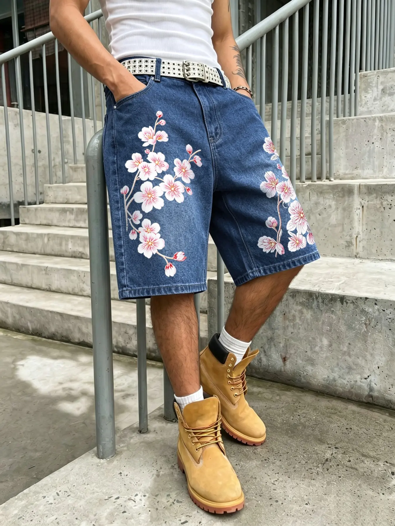 Men's Vintage Casual Floral Peach Print Jeans Shorts, Menswear, High-Quality Denim, Loose Fit, Pockets, Streetwear, Skateboarding, Subculture Style