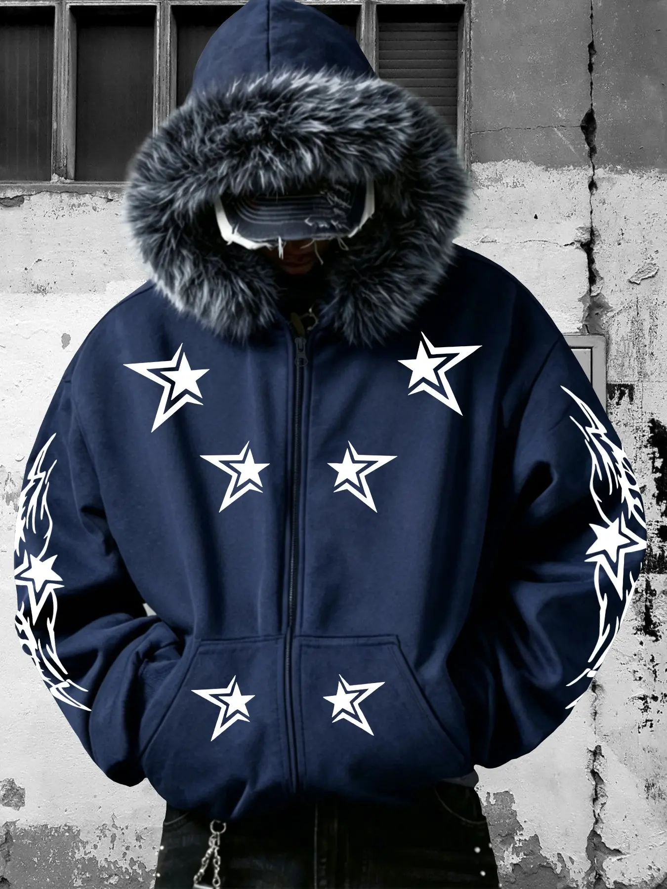 American High Street Star Print Fur Collar Hoodie, Autumn Winter Loose Zipper Open Front, Unisex Casual Street Fashion Outerwear