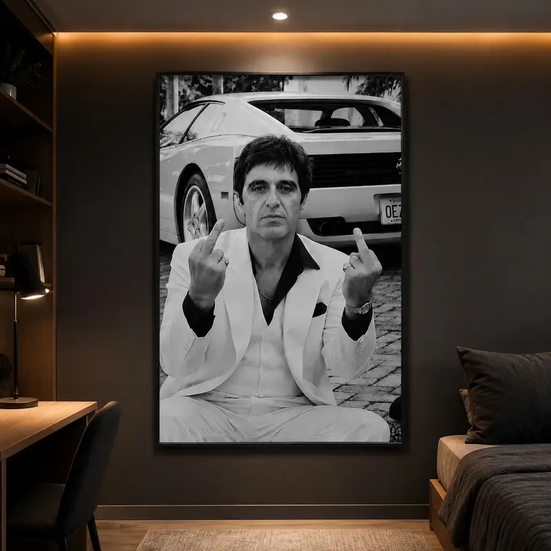 80s Cult Classic Gangster Movie Art, Tony Montana Scarface Framed Print, Ready-to-Hang Bedroom, Living Room, Office and Man Cave Decor, Dark Graphic Art, Vintage Movie Poster, Mobster Wall Art, Retro Cinema Decor, Dorm Room Poster, Gaming Room Decor