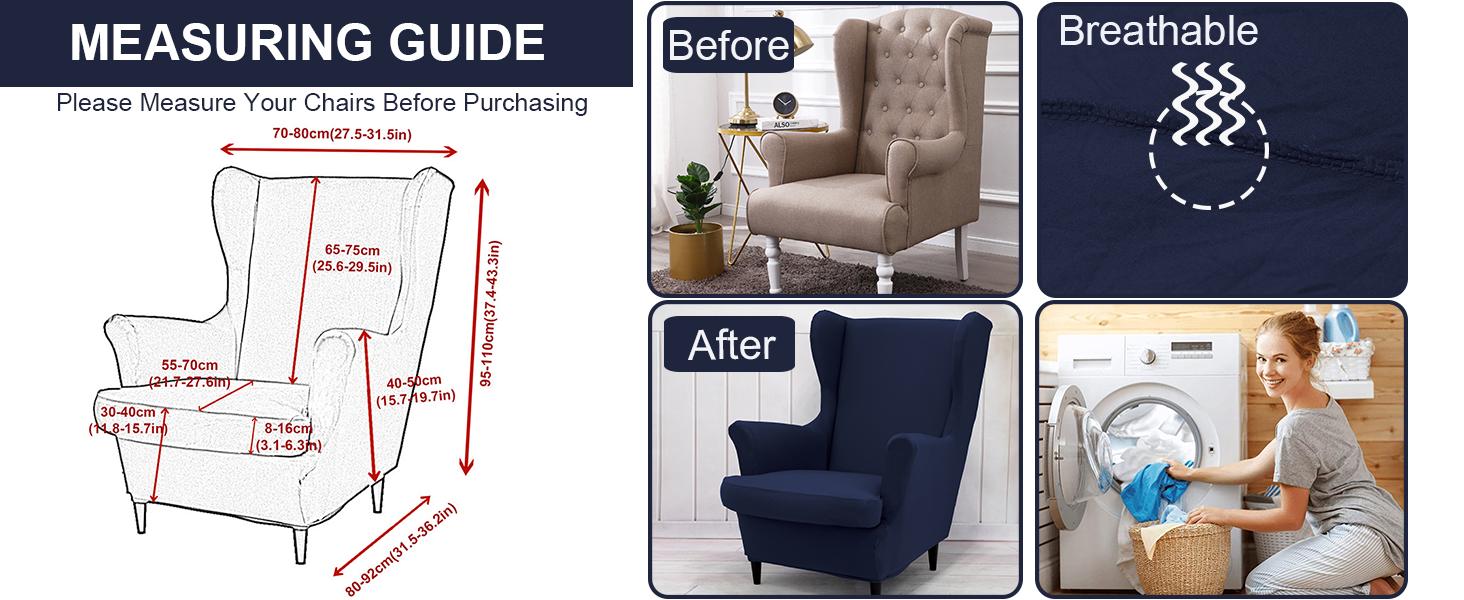 NILUOH Wingback Chair Cover 2-Piece Soft Stretch Wing Chair Slipcover Solid Color Armchair Sofa Couch Cover Furniture Protector with Elastic Bottom for Living Room Bedroom (Navy)