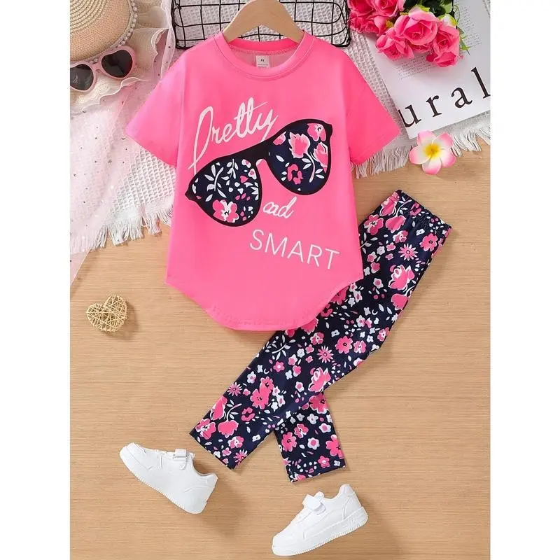 2pcs Girls' Party Outfit - "Dresses and Smart" Graphic Tee with Glasses Print, Loose-Fit Short Sleeve Top & Floral Print Leggings, Perfect Easter & Celebrations, Casual Party Attire | Print Top | Stretchy, Girls Party Dresses, Ou